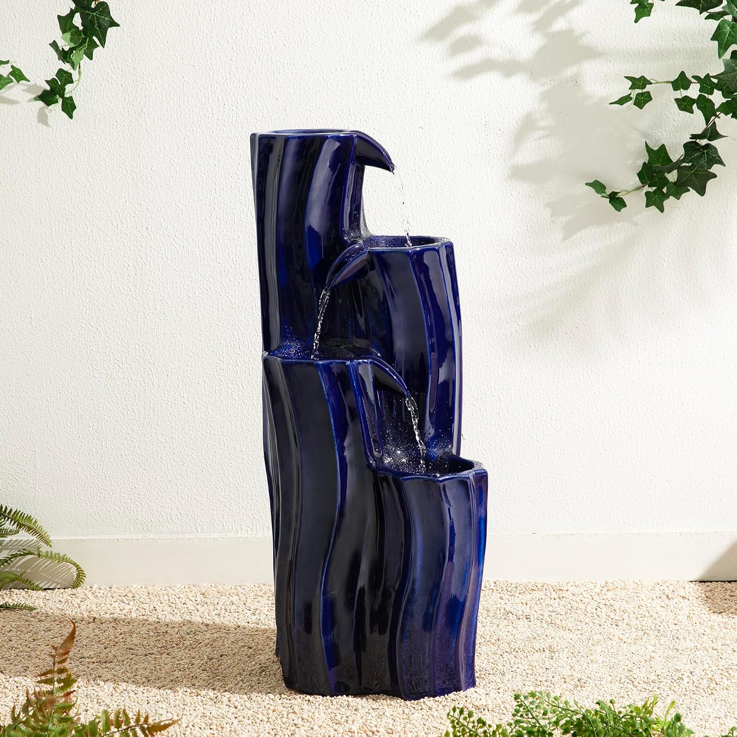 Glitzhome 30' Tall Outdoor Water Fountain with LED Light, Pump & Adapter, 4-Tier Cobalt Blue Wavy Texture Ceramic Cascading Garden Fountains Waterfalls for Porch Deck Patio Backyard
