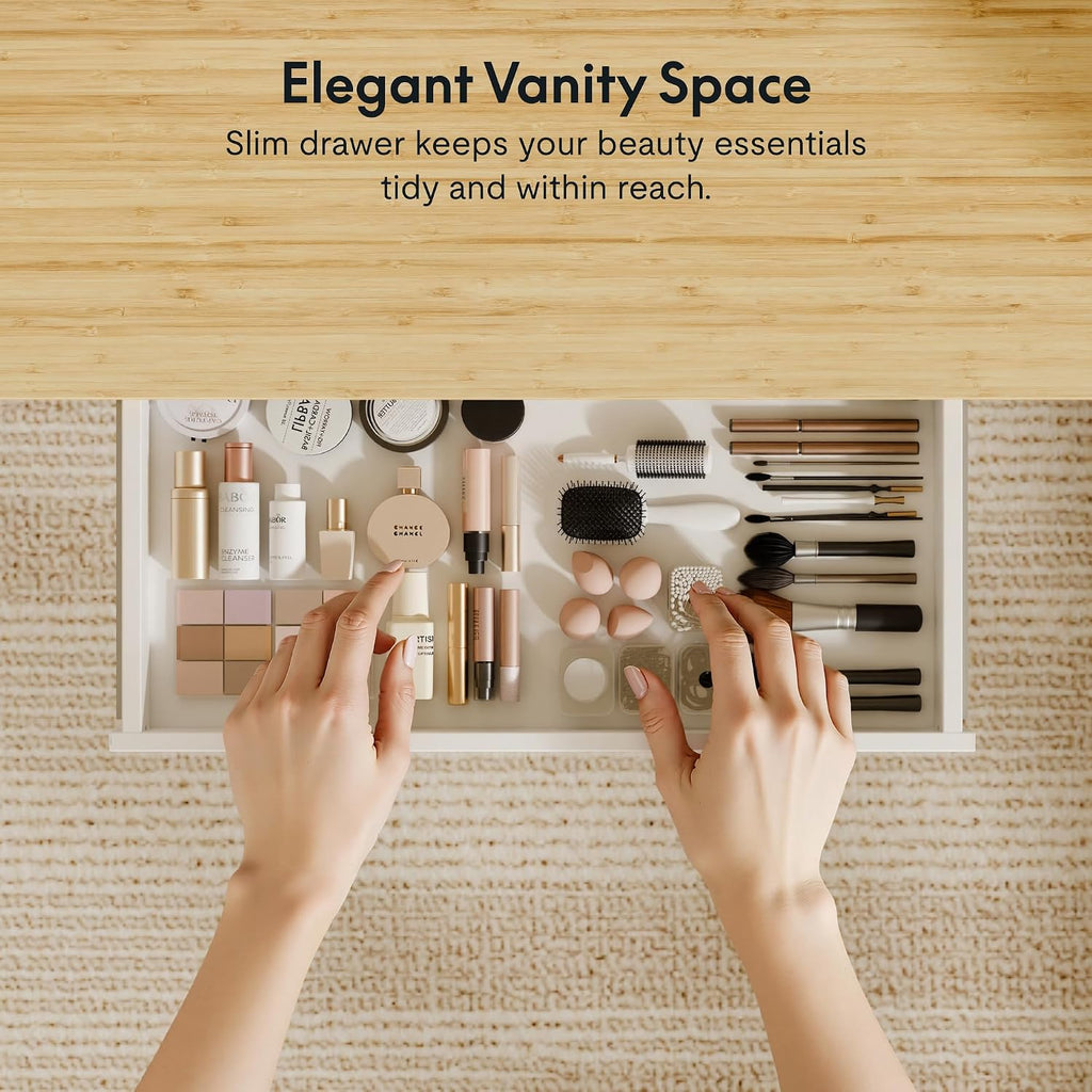FLEXISPOT Electric Standing Makeup Vanity Desk with Drawer and USB Charge Ports,48' Height Adjustable Quick Install Dressing Table for Women Girls Bedroom Dressing Room,Bamboo-Look Laminate/White