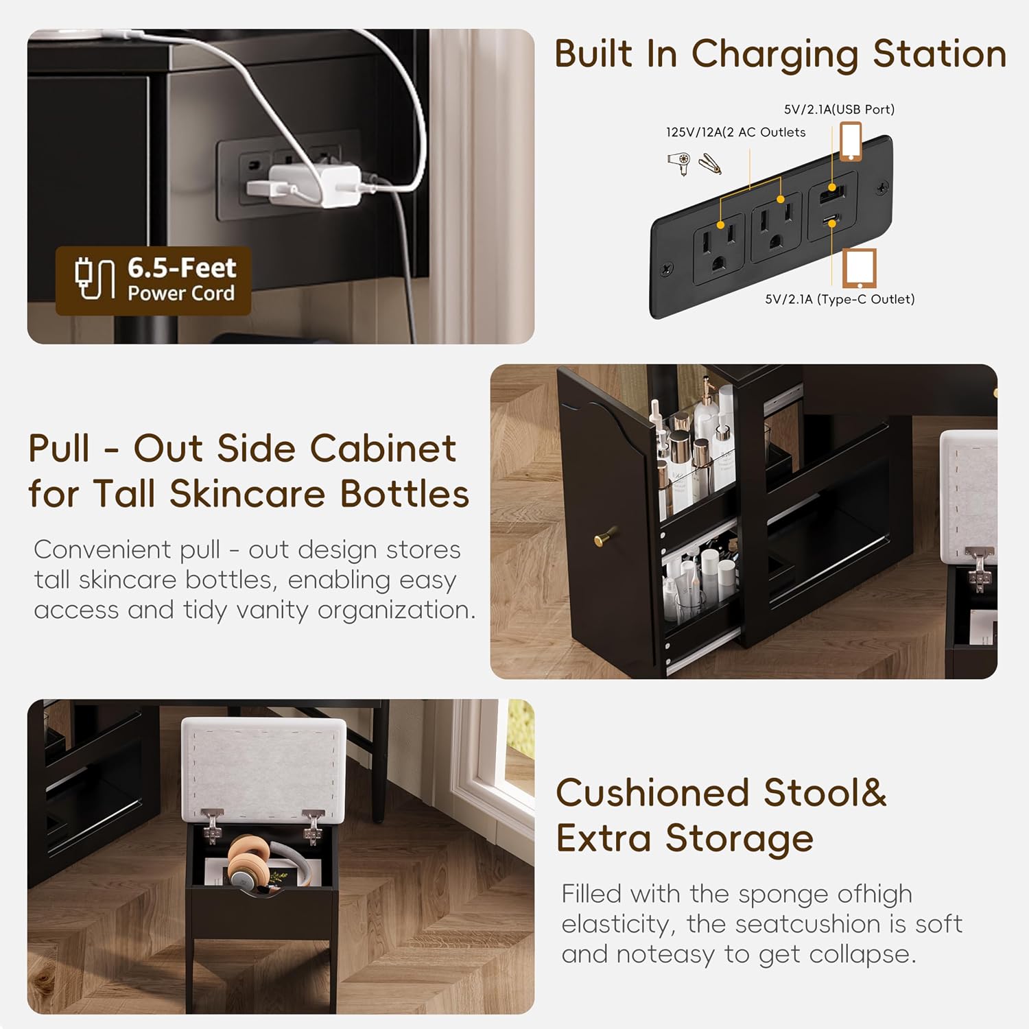 Corner Vanity Desk Set with Storage Cushioned Stool and Charging Station, Triangle Makeup Desk with Removable Pull Out Side Cabinet, Glass Tabletop Makeup Vanity Desk with Drawer and Shelf, Black