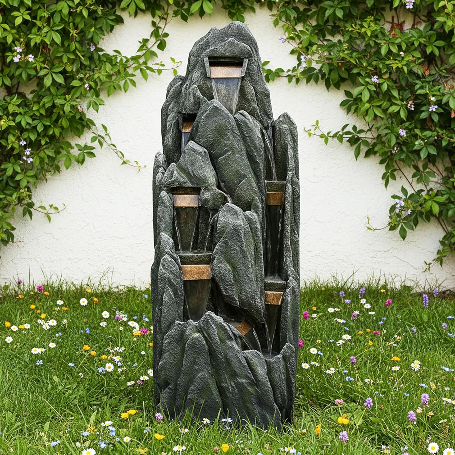 Naturefalls 51' High Outdoor Rock Water Fountain with LED Lights - Mutil-Tiers Poly-Resin Cascading Waterfall Fountain for Garden, Patio, Yard, Home Decor