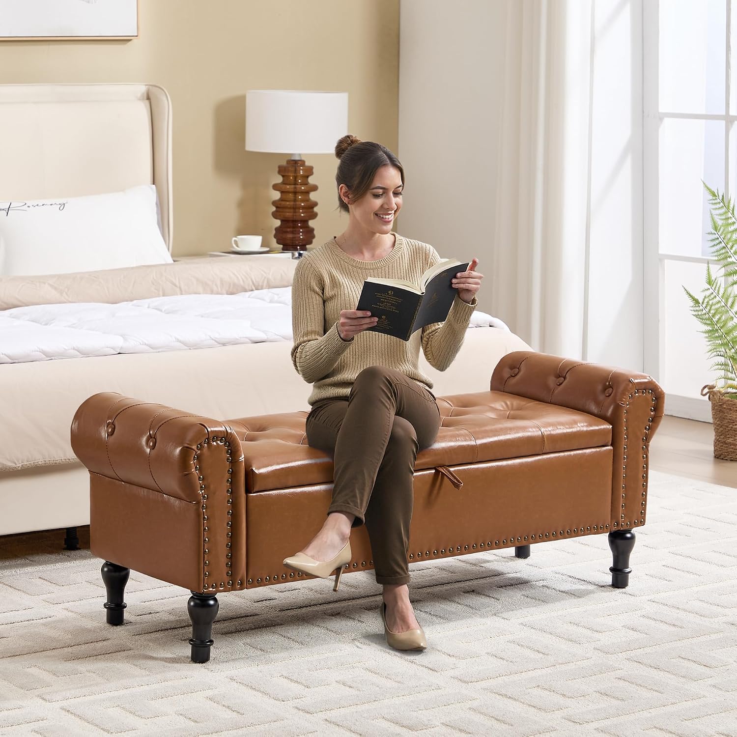 Storage Bench for Bedroom, 51' Upholstered End of Bed Bench, Faux Leather Queen Size Benches with Rolled Arms, Tufted Button Storage Long Ottoman, Living Room, Entryway, Brown