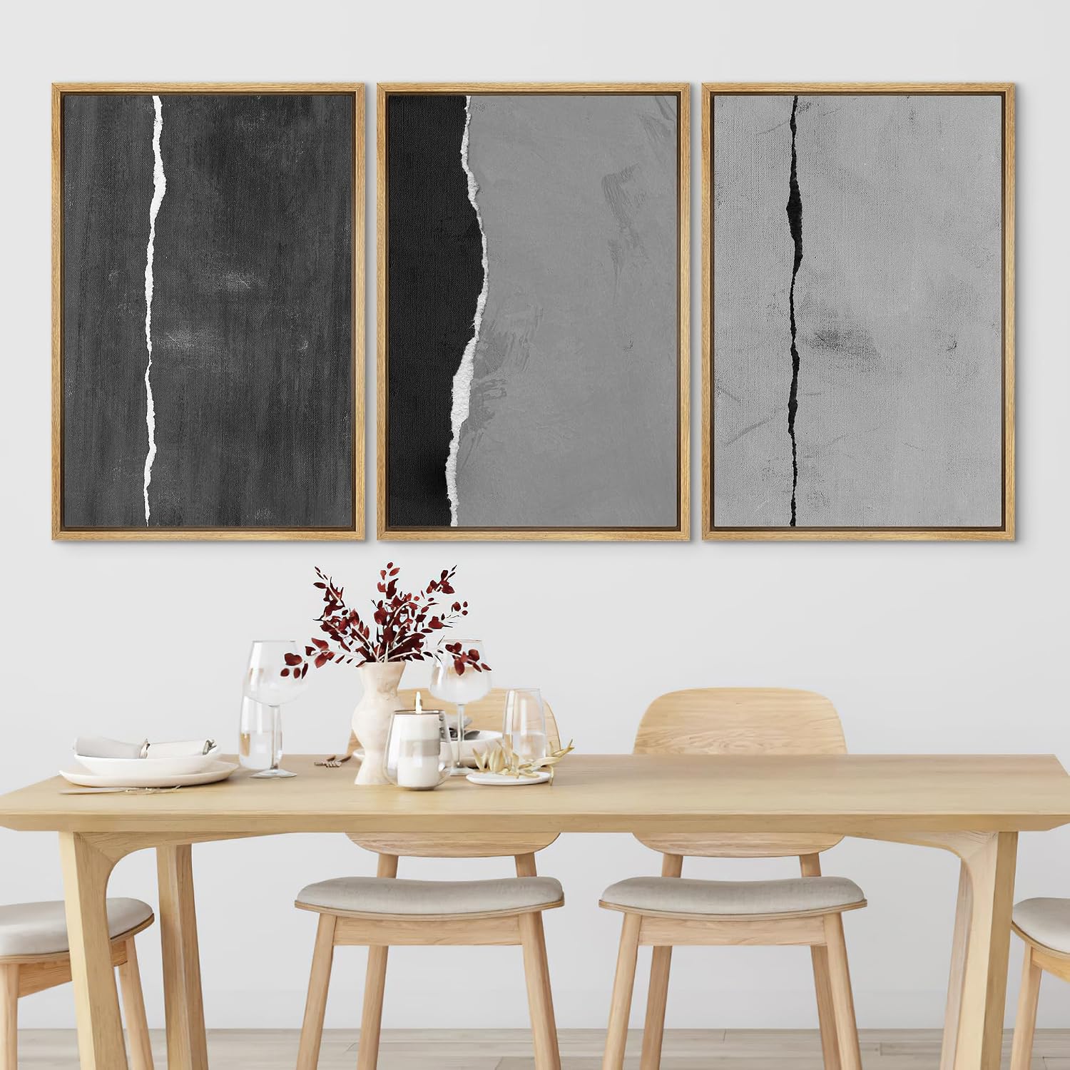 SIGNLEADER Framed Canvas Print Wall Art Set Black and White Torn Minimalist Grunge Illustrations Minimal Decorative Bohemian Nordic for Living Room, Bedroom, Office - 24'x36'x3 NATURAL