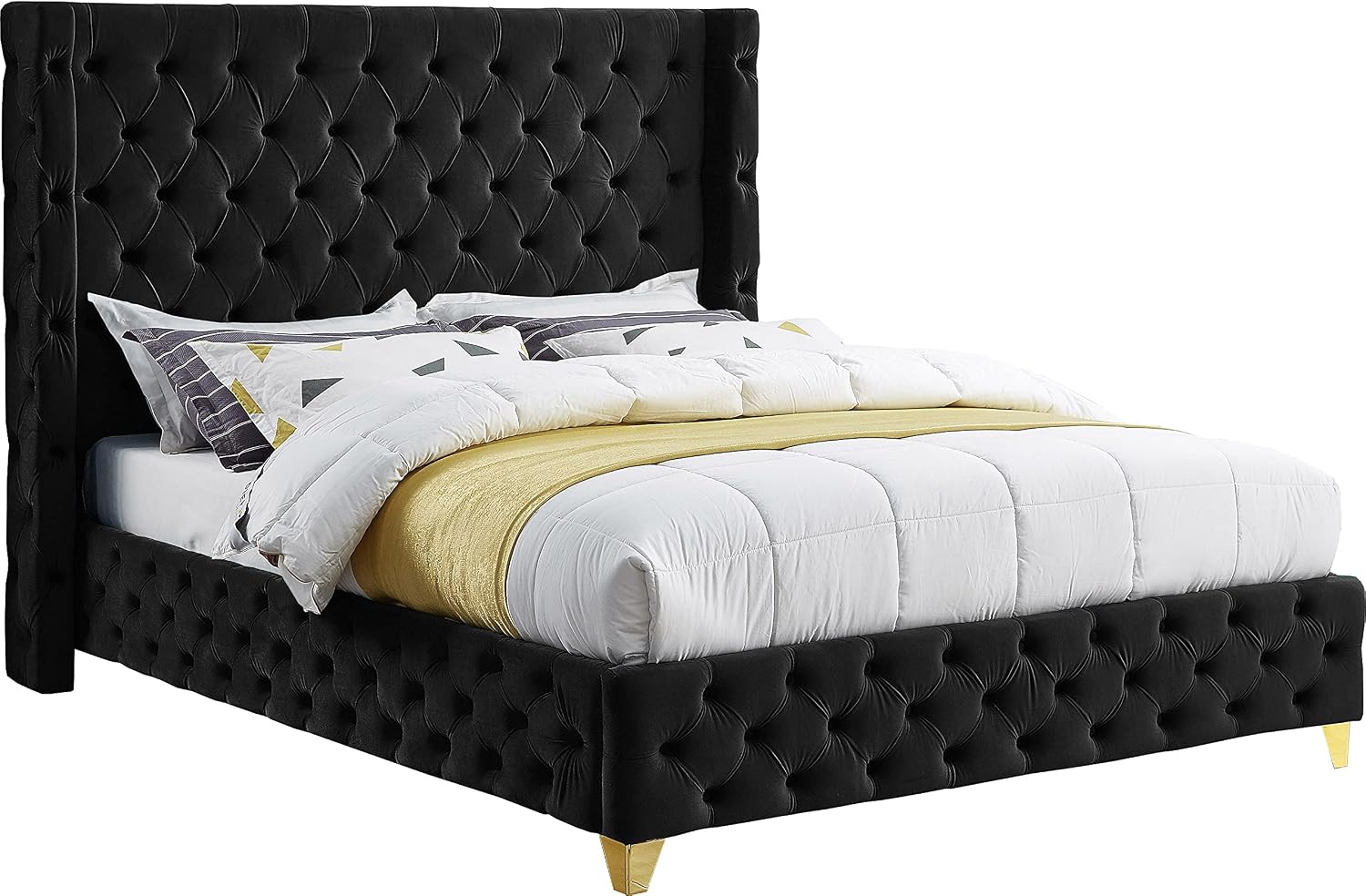 Meridian Furniture SavanBlack-F Savan Collection Modern | Contemporary Velvet Upholstered Bed with Deep Button Tufting in Gold or Chrome Finish, 66' W x 81' D x 56' H, Black, Full