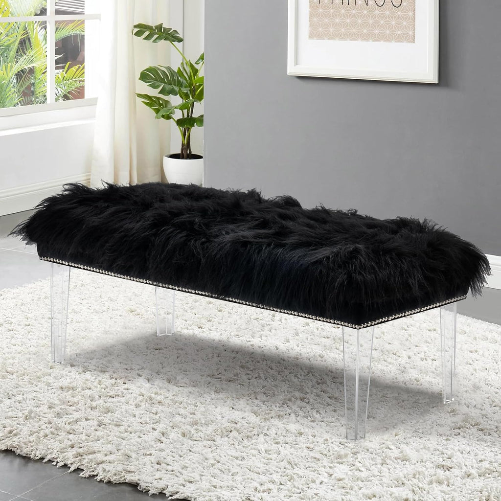 46 Inch Black Bedroom Bench, Benches for Bedroom White Faux Fur Upholstered Bed end Bench, Tufting Bench Indoor Bench with Acrylic Legs for Living Room Bedroom Dining Room Entryway