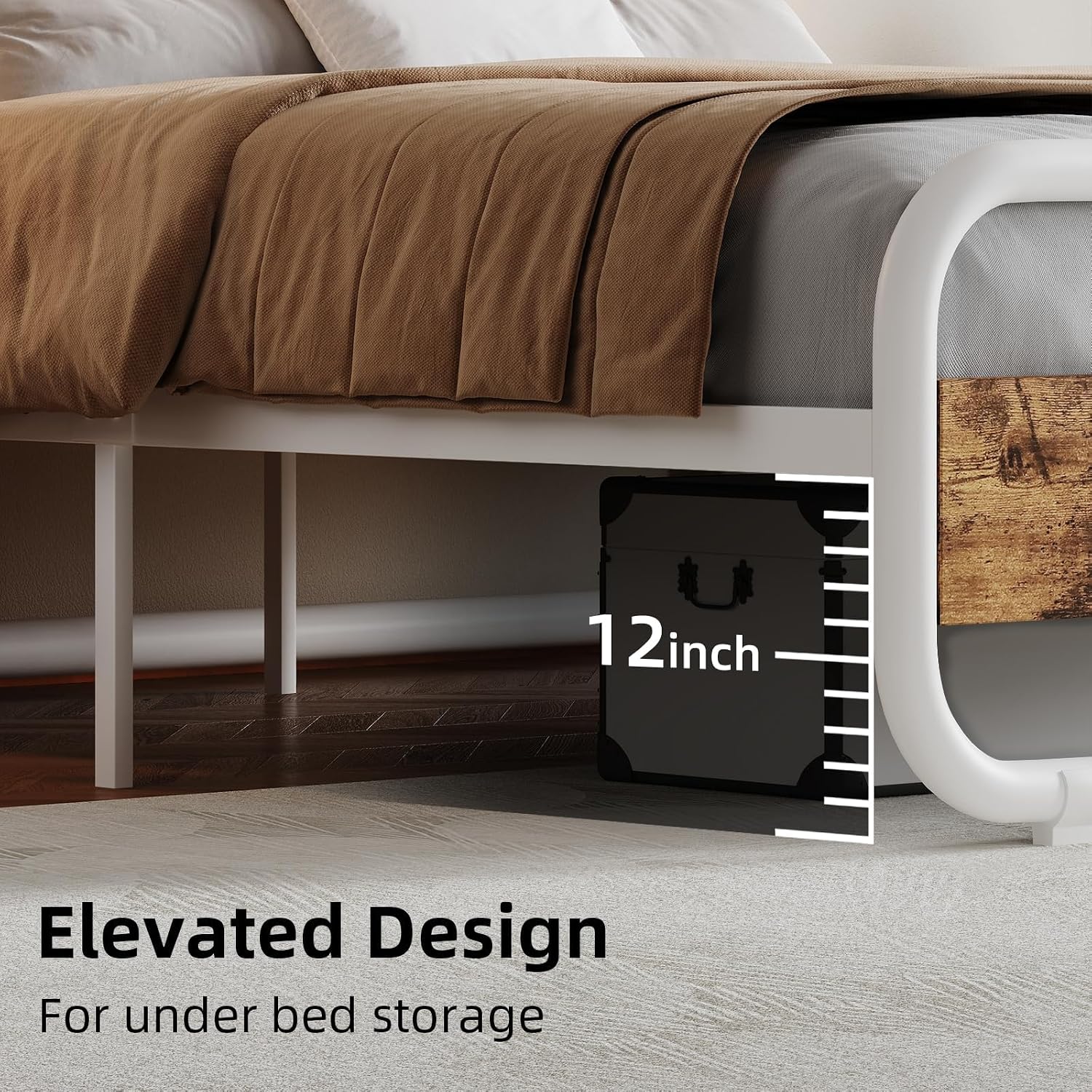 Catrimown Full Size Bed Frame with LED Lights, Heavy Duty Metal Rustic Platform Bed Frame Full Size with Wood Headboard, Noise Free, No Box Spring Needed, White