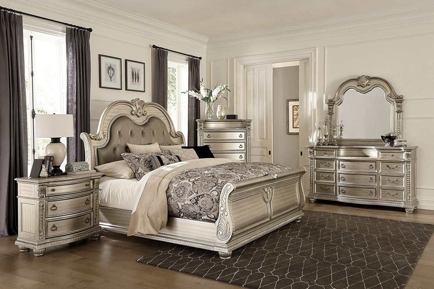 New Formal Traditional 6pc Set California King Size Faux Leather Tufted Bed Silver Finish Classic Design Marble Top Bedroom Furniture
