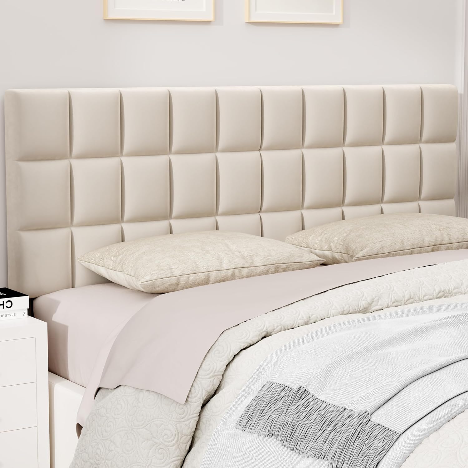 ALISH Velvet Tufted Headboard with Adjustable Height and Width, Foldable Upholstered Headboard with Metal Legs for King Queen Metal and Wood Bed Frame (Beige, Queen)
