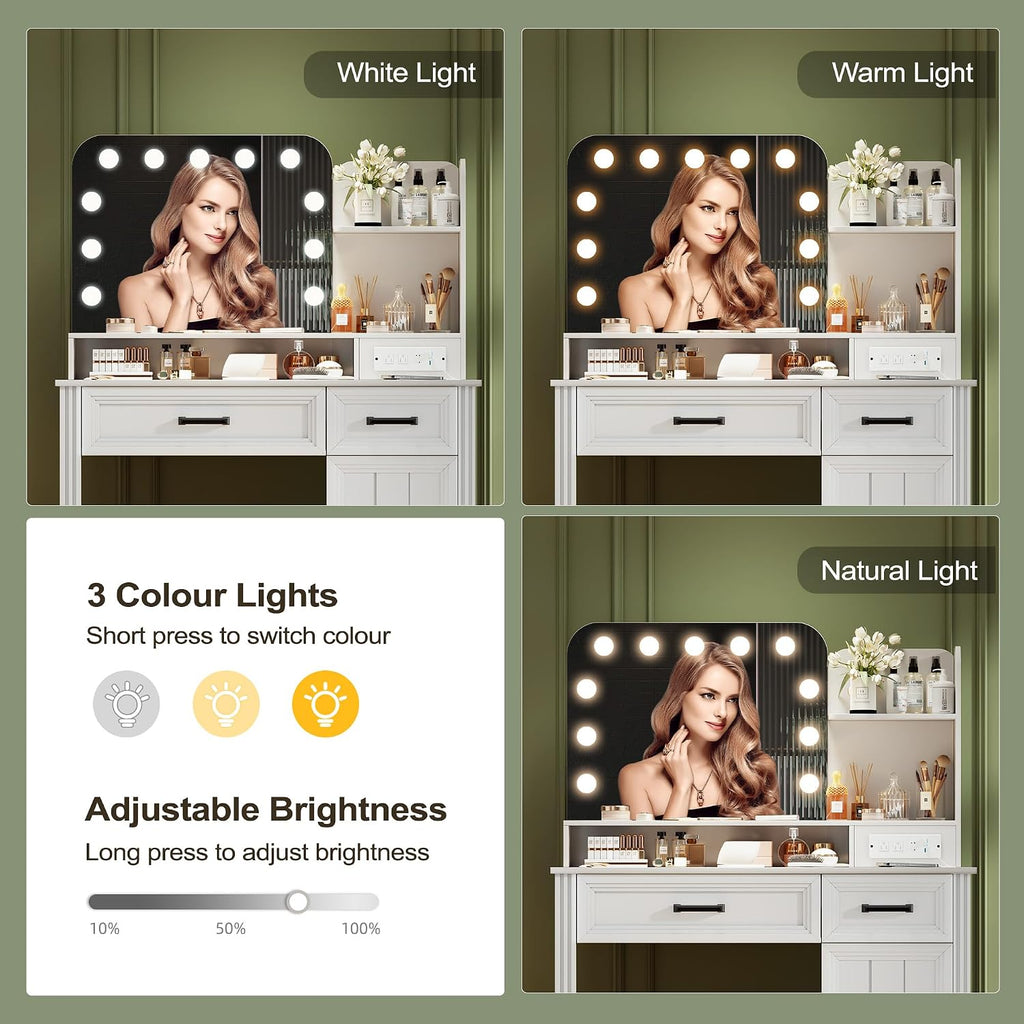 Lvifur Farmhouse Makeup Vanity Desk with Lighted Mirror, LED Vanity Table with Mirror and Lights, Dressing Table with Charging Station, Vanity Set with Storable Stool & Drawer, Gift for Girls (White)