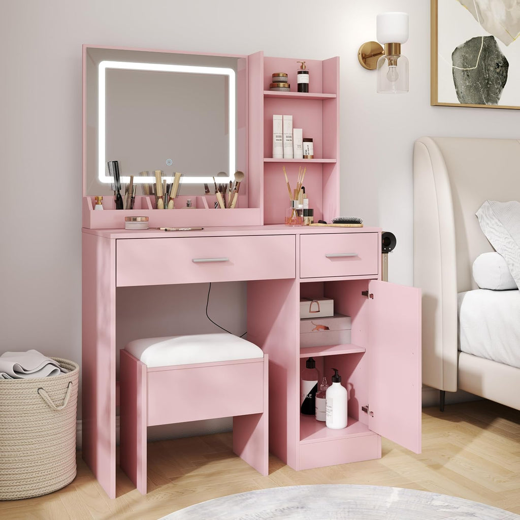 Roundhill Furniture Lavin Makeup Vanity Set, Vanity Desk with Stool, LED Light Mirror and Charging Station, Pink