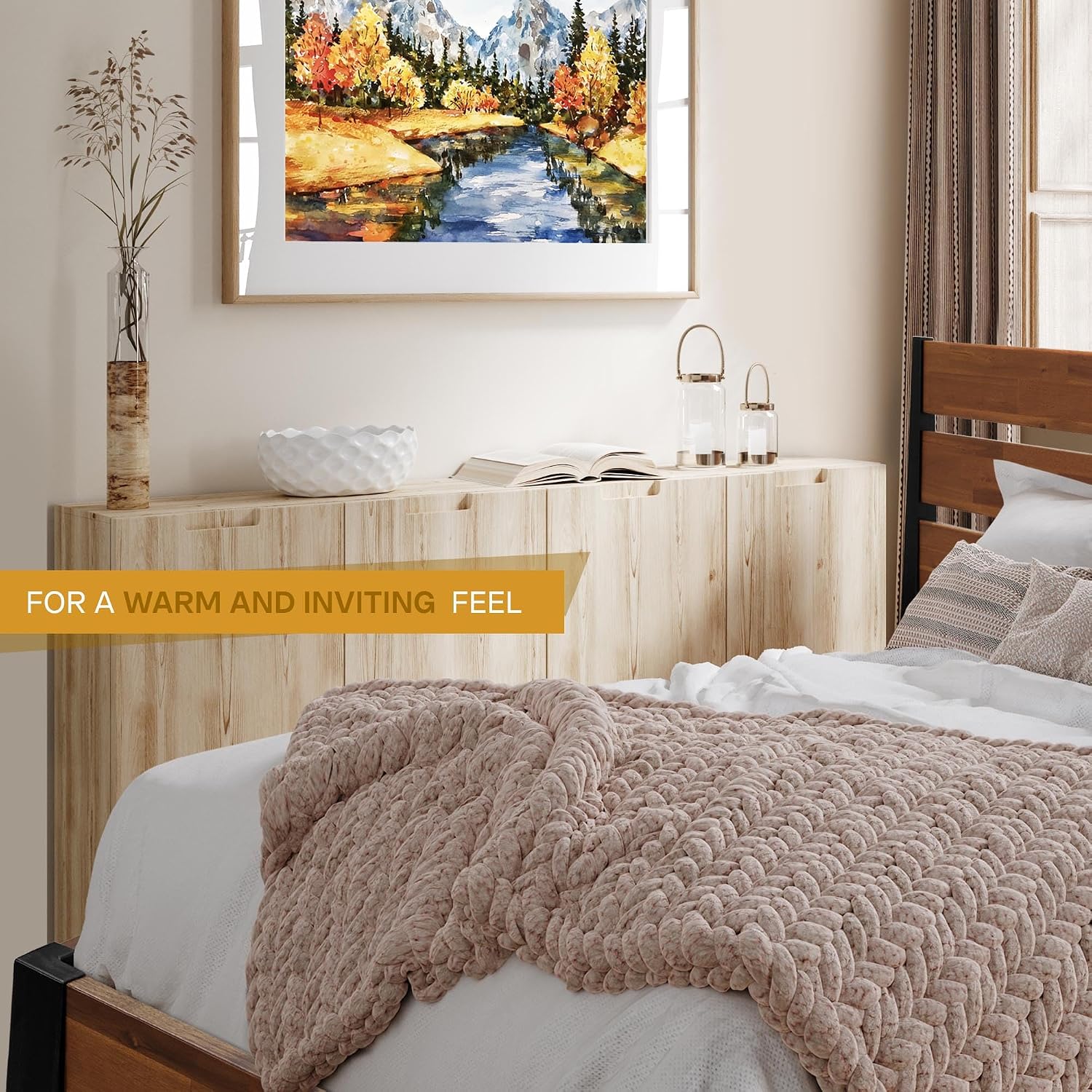 Acacia Emery Bed Frame with Headboard 100% Solid Wood Platform Bed, Scandinavian Bed Style with All Mattresses, Non-Slip and Noise-Free, 30 Mins Assembly, Queen Size Bed Frame, Americano