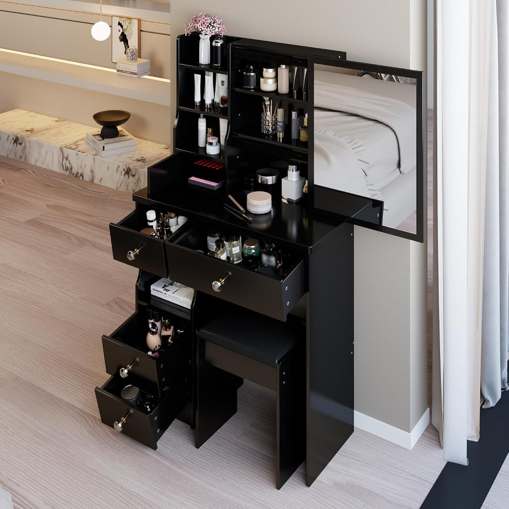 29.2' Small Vanity Desk with Mirror, Makeup Table with Sliding Mirror, Dressing Table with Multi Layer Capacity Storage, Vanity Set with 5 Drawers and Stool for Small Space Bedroom, Black