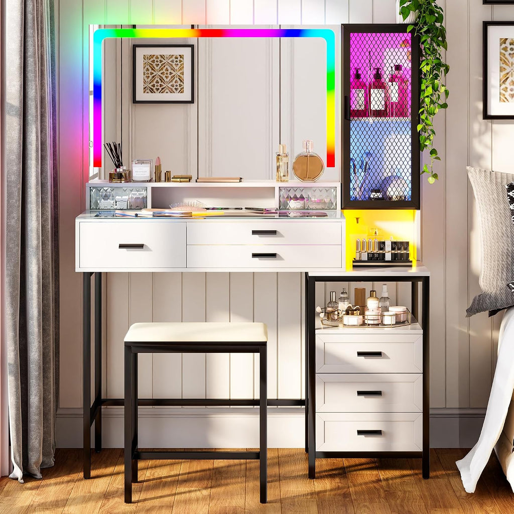 Lvifur RGB Vanity Desk - with Mirror and Lights,7 Dynamic & 24 Static Dimmable Vanity Table Set with Charging Station,Human Sensor LED Vanities w/Glass Top,6 Drawers,Stool,White