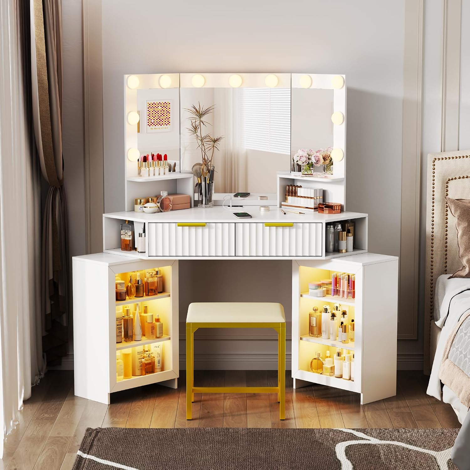 Vanity Desk with Charging Station & LED Lights Mirror – Corner Design HD Triple Mirror Makeup Vanity Table Set with Storage Drawers & Chair for Living Room/Bedroom Ideal Gift (White)