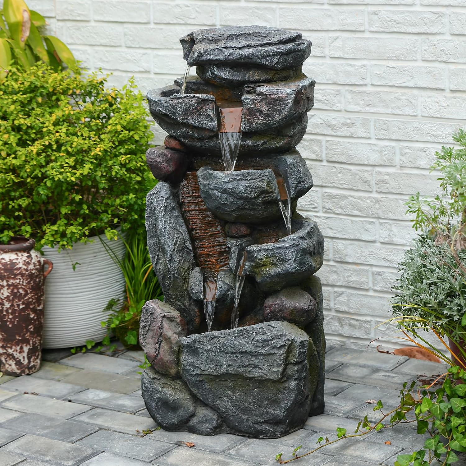 The 5-Tiered Rock Water Fountain Outdoor&Indoor, 31.5''H Floor-Standing Garden Fountains, Stone Feature and Waterfall with Lights for Patio, Backyard, Deck, Porch, Home DéCor, Gray