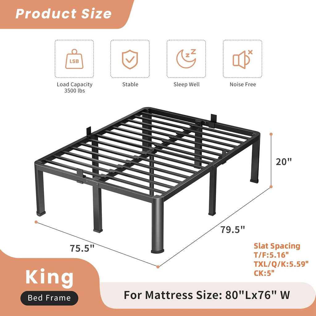 VIPSHOW 20 Inch King Heavy Duty 3500 lbs Bed Frame with Round-Corner Legs & Anti-Squeak Design – Quick Assembly Metal Platform, No Box Spring Needed