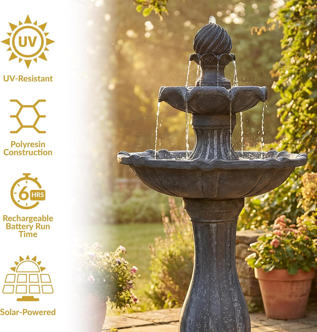 Sunnydaze 45-Inch 2-Tier Arcade Outdoor Solar Water Fountain - Outdoor Water Feature with LED Light for Garden, Patio, Yard or Balcony - Black
