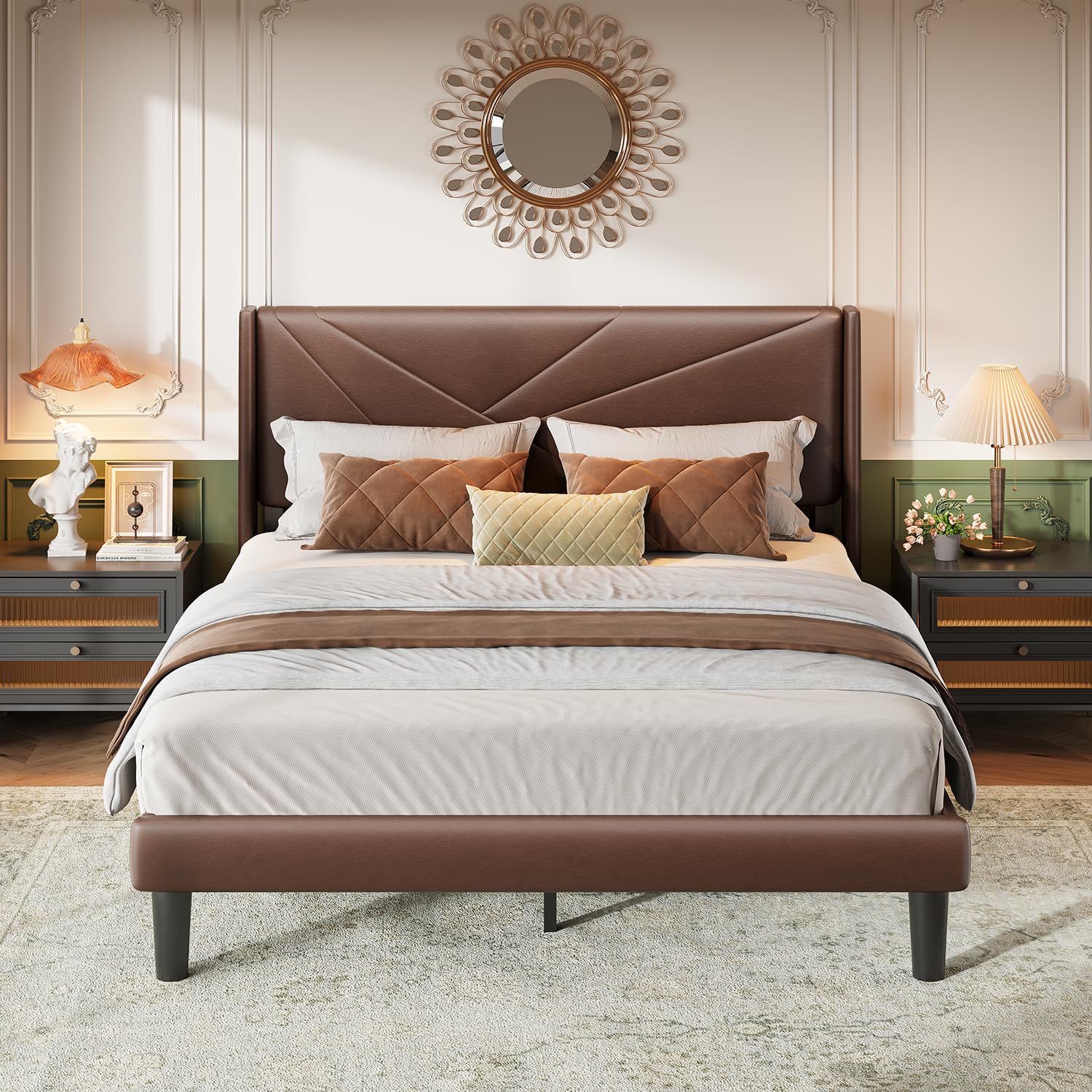 Queen Size Bed Frame with Upholstered Wingback Headboard, Easy Assemnly Platform Bed and Heavy Duty Wooden Slats Support, Noise-Free, No Box Spring Needed (Dark Brown, Queen)