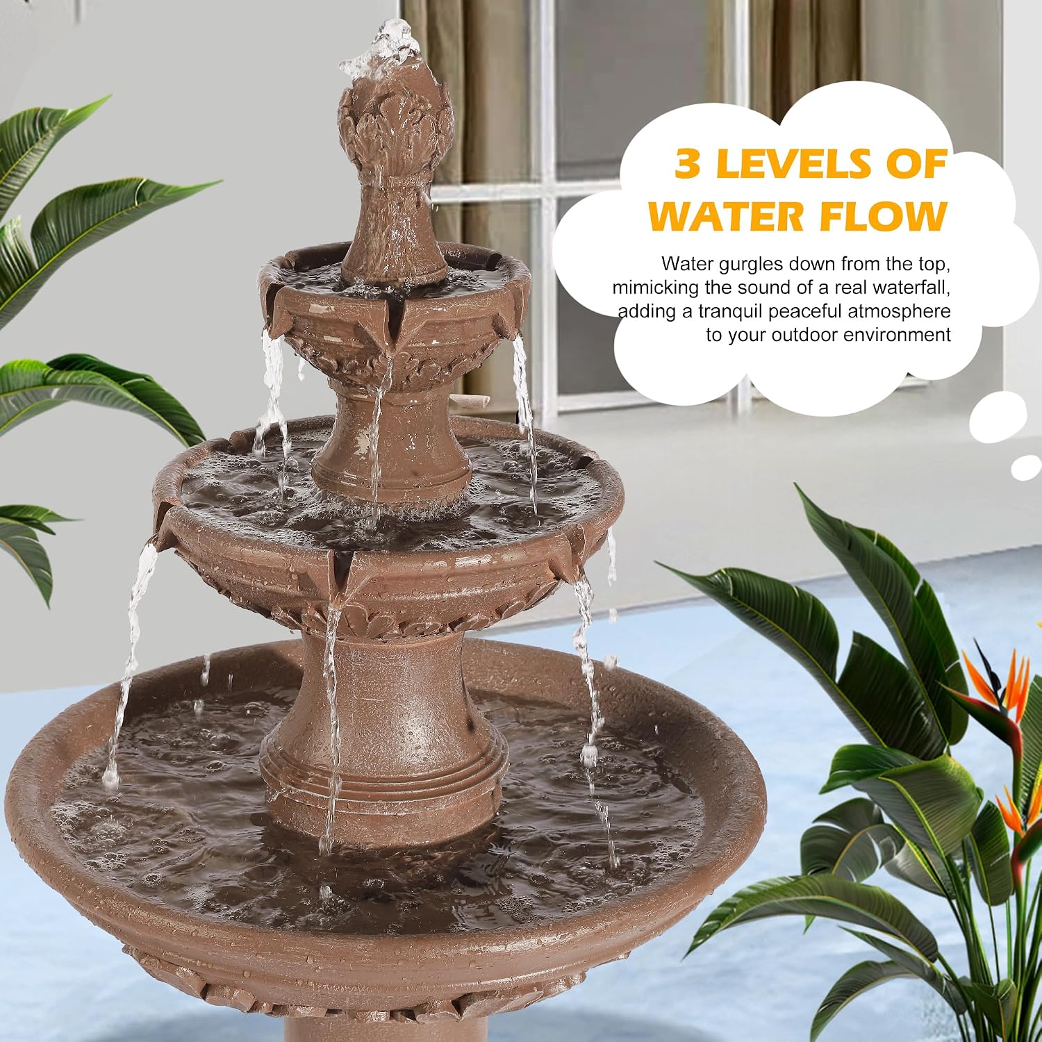 TITIMO 48' High Italian Feature Freestanding Water Fountain Outdoor and Indoor,3-Tier Roman Pillar Waterfalls Fountains for Garden,Patio,Yard,Deck,Backyard,Porch (Brown)