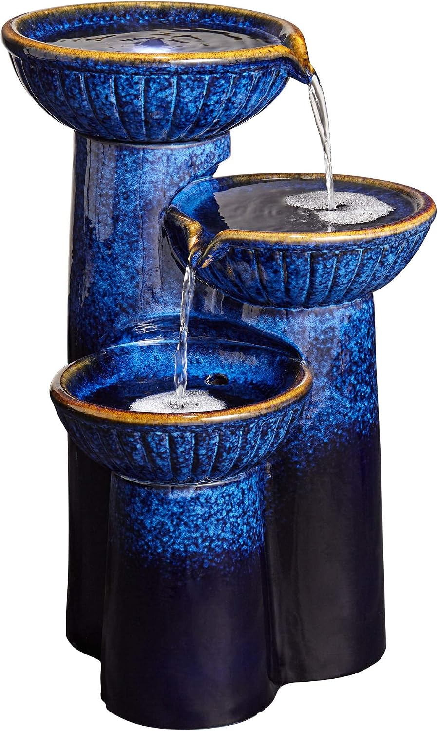 3-Bowl 26 3/4' High Large Modern Outdoor Decor Blue Cobalt Ceramic Floor Fountain with Light LED Standing Waterfall Tiered Water Feature for Outside Garden Patio Yard Backyard - John Timberland