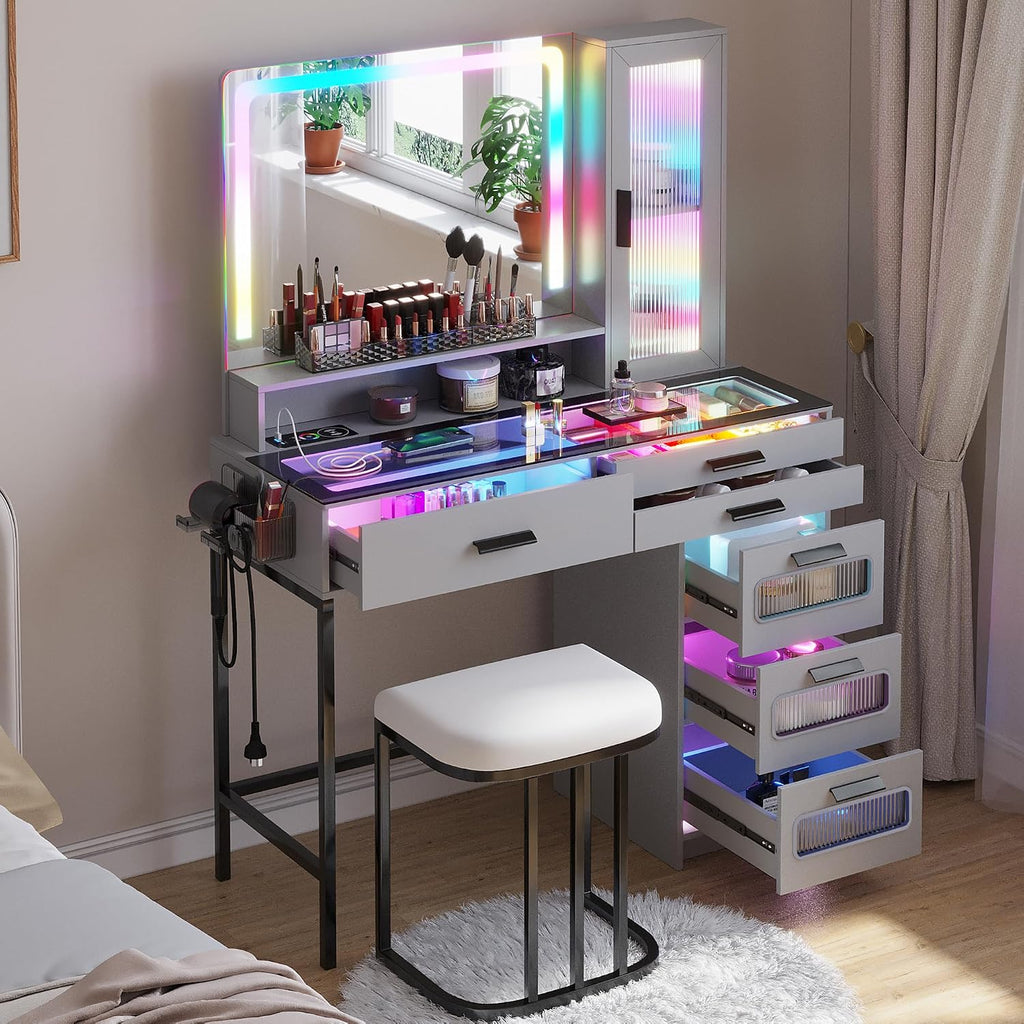 WOOVIVS Vanity with LED Mirror, Makeup Desk with 24 RGB Atuo Lighted Drawers for Bedroom, Glass Top Vanities Table Set with Wireless Charging Station, Chair,Jewelry Organizer for Girls/Women (Grey)