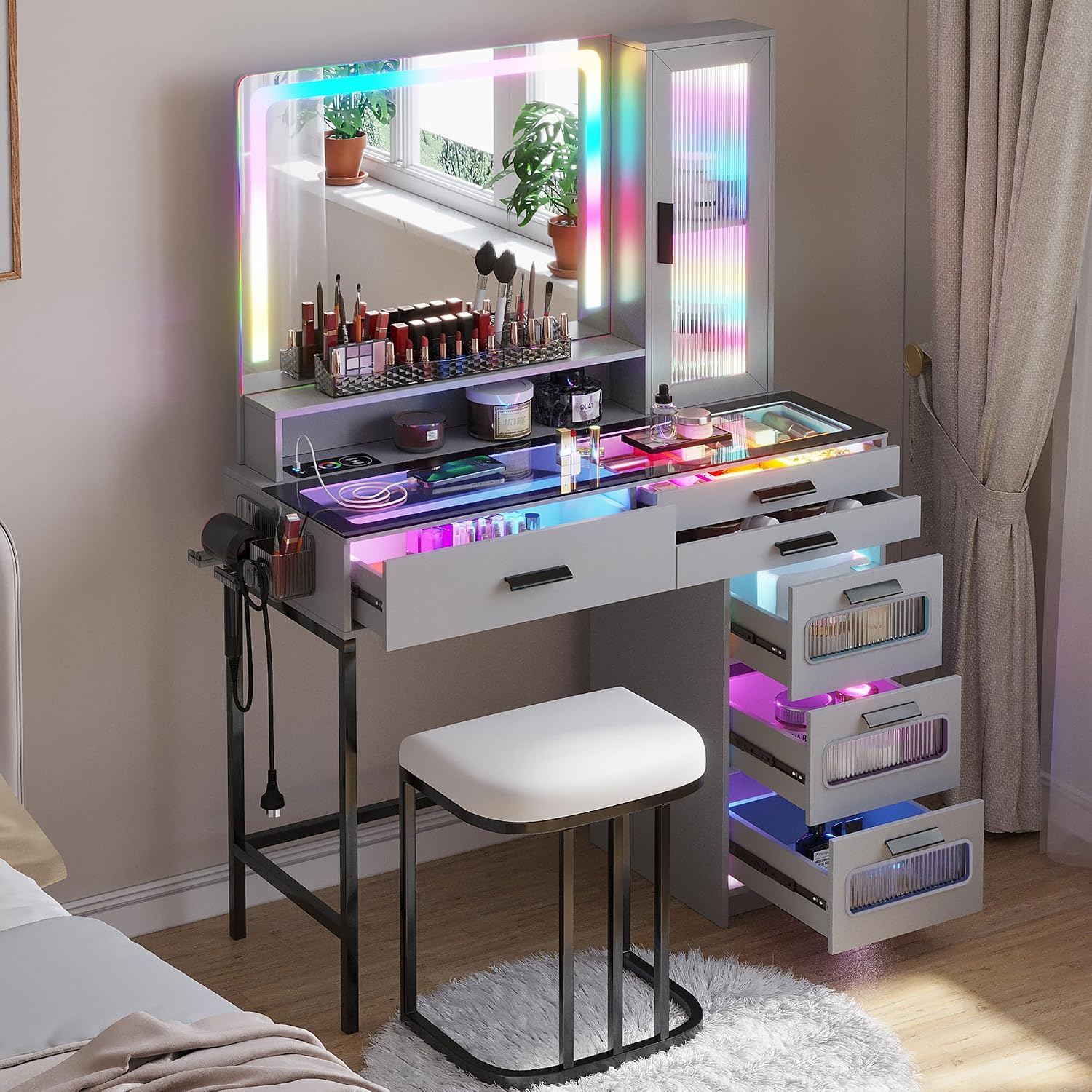 WOOVIVS Vanity with LED Mirror, Makeup Desk with 24 RGB Atuo Lighted Drawers for Bedroom, Glass Top Vanities Table Set with Wireless Charging Station, Chair,Jewelry Organizer for Girls/Women (Grey)
