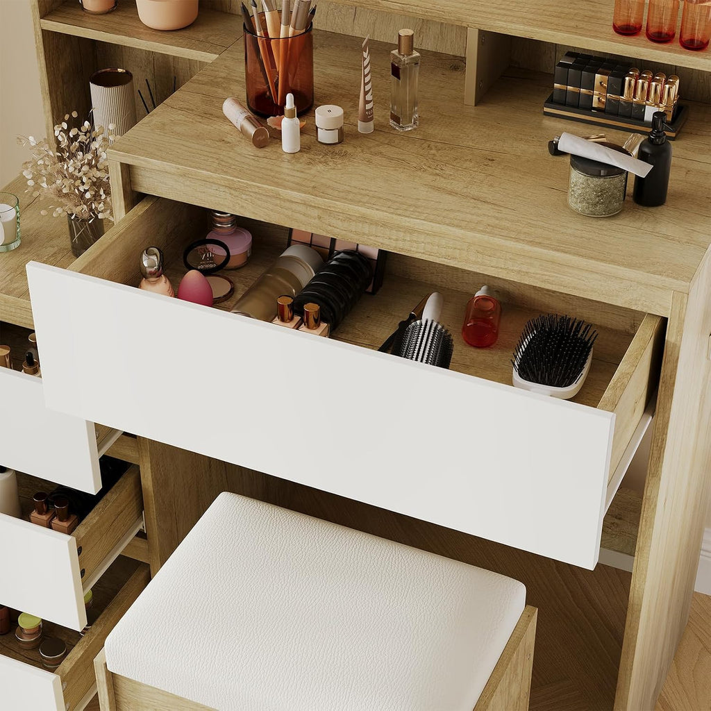 Makeup Vanity Desk with Mirror and Lights with Drawers, Power Outlet, USB Ports, Stool, Dressing Table with 3 Lighting Color Adjustable for Bedroom, Women,