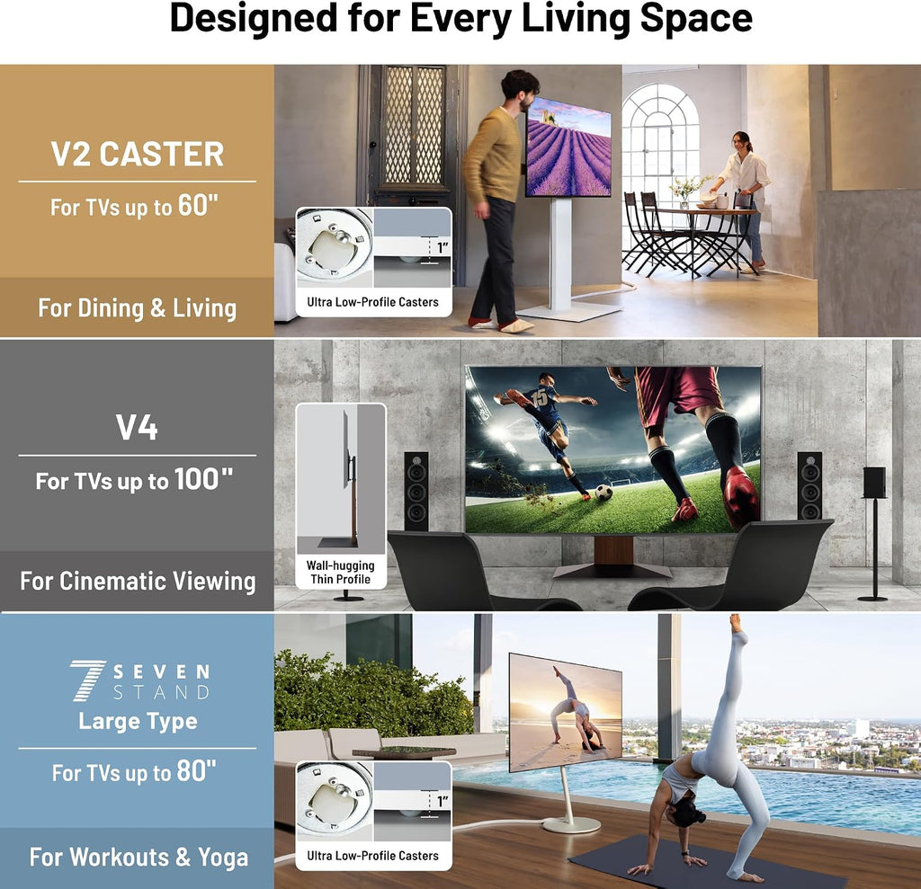WALL V5 High Type | Minimalist Rolling TV Stand for 32–80 Inch | Satin White | Portable, Space Saving, Height Adjustable, No Drill | for Living Room and Bedroom | Japan-Engineered Design