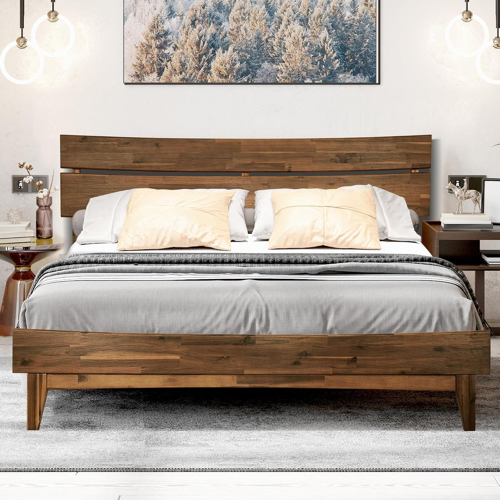 Acacia Aurora Solid Wood Platform Bed with Headboard, Wood Bed Frame Queen Size, Easy Assembly, No Box Spring Needed, 800 lbs Capacity Compatible with All Mattress Types, Wood Slats Support, Walnut