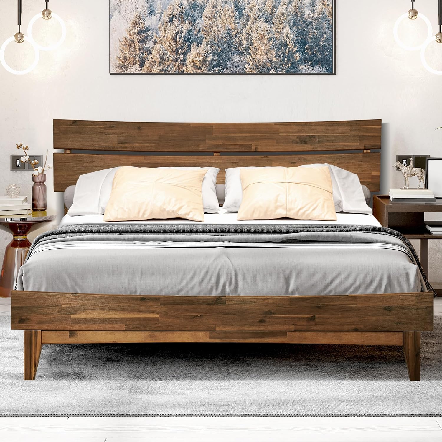 Acacia Aurora Solid Wood Platform Bed with Headboard, Wood Bed Frame Queen Size, Easy Assembly, No Box Spring Needed, 800 lbs Capacity Compatible with All Mattress Types, Wood Slats Support, Walnut