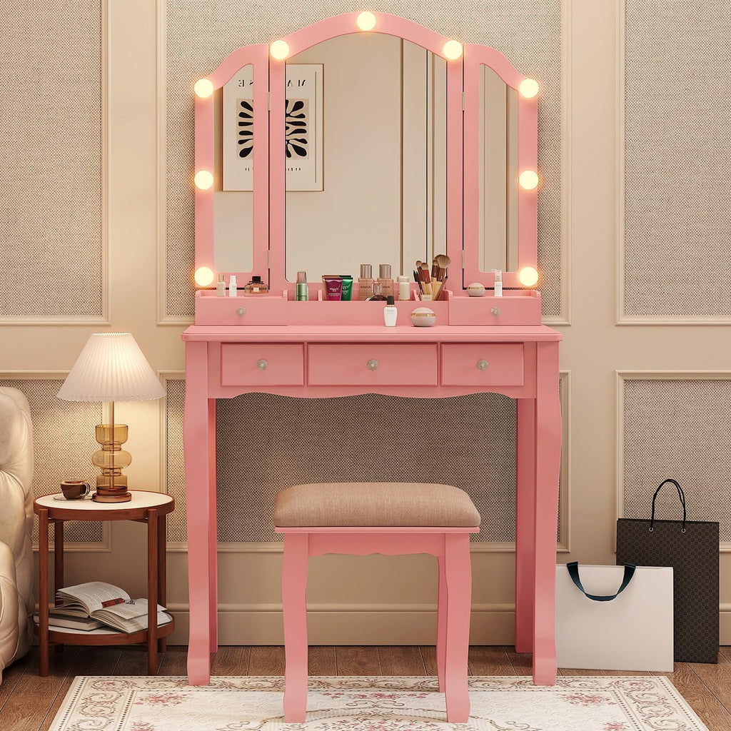 YIXHQ Vanity with Lights Girls Vanity Desk Set with Drawers Makeup Vanity Desk with Mirror and Lights Make Up Pink Makeup Vanity for Girls Table with Stool