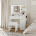 HaHarmoHaby Vanity Desk with Lighted Mirror, Makeup Vanity Table with 4 Drawers, Shelves,3 Color Modes & Adjustable Brightness, Dressing Table Set with Stool for Bedroom
