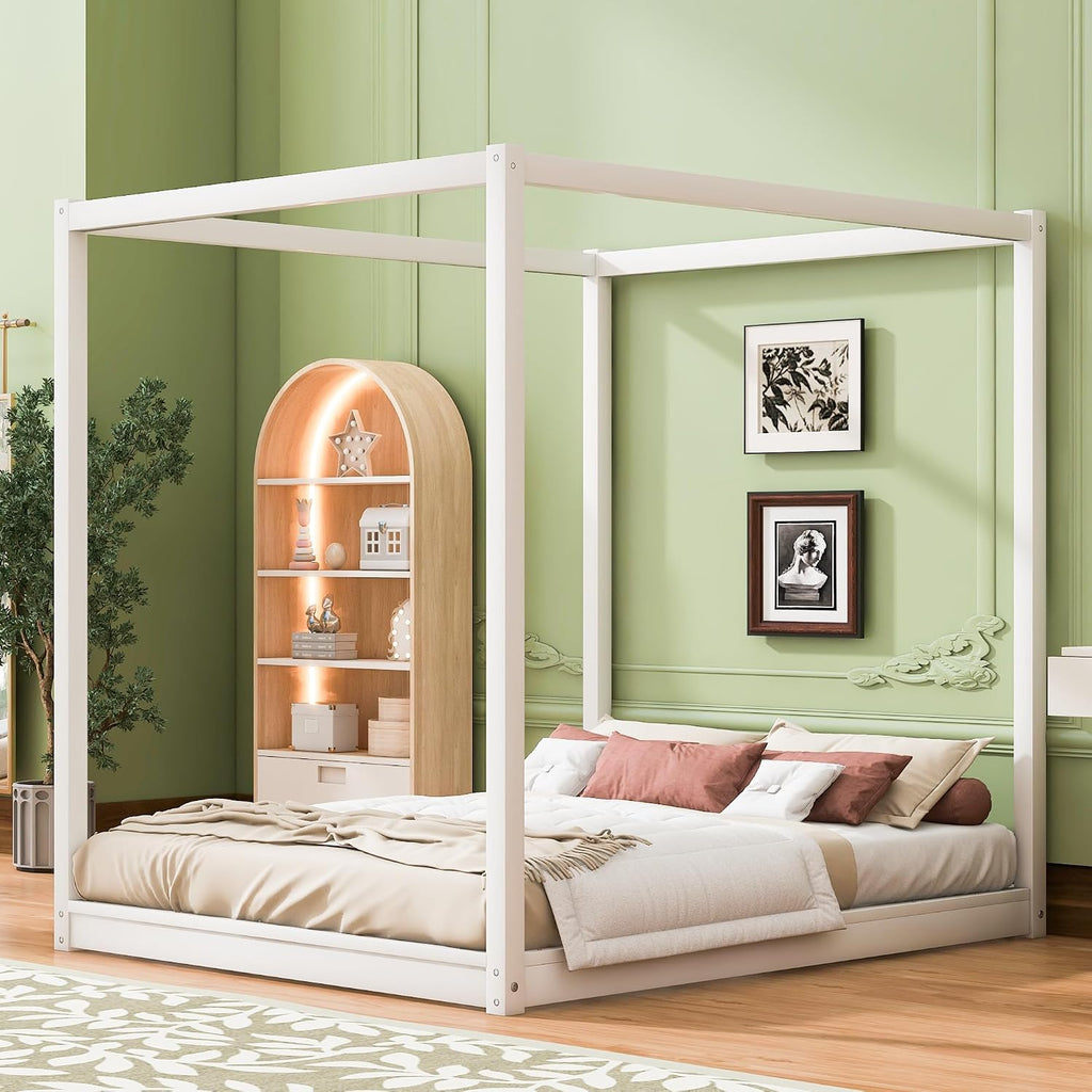 Merax Queen Size Canopy Bed with Support Legs, Queen Size/Mattress Foundation with Wood Slats, 4 Poster Platform Bed Canopy Bed, White