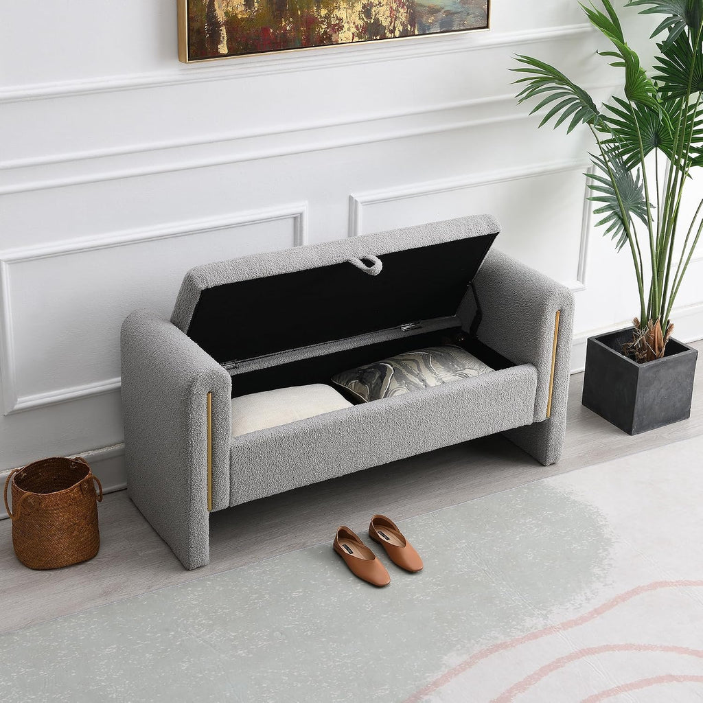 JIJIWANG Modern Bed End Bench with Arms and Storage, Upholstered Bed Bench Entryway Bench Ottoman Comfy Window Vanity Bench Footstool for Living Room,Bedroom,Grey