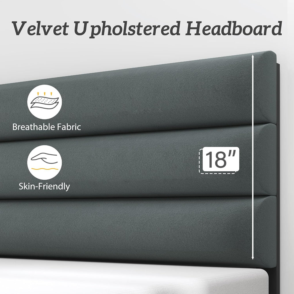 Fluest Full Bed Frame, Platform Bed Frame with Velvet Upholstered Headboard, No Box Spring Needed, Sturdy Metal Support, Noise Free, Easy Assembly, Modern Bedroom Furniture, Grey