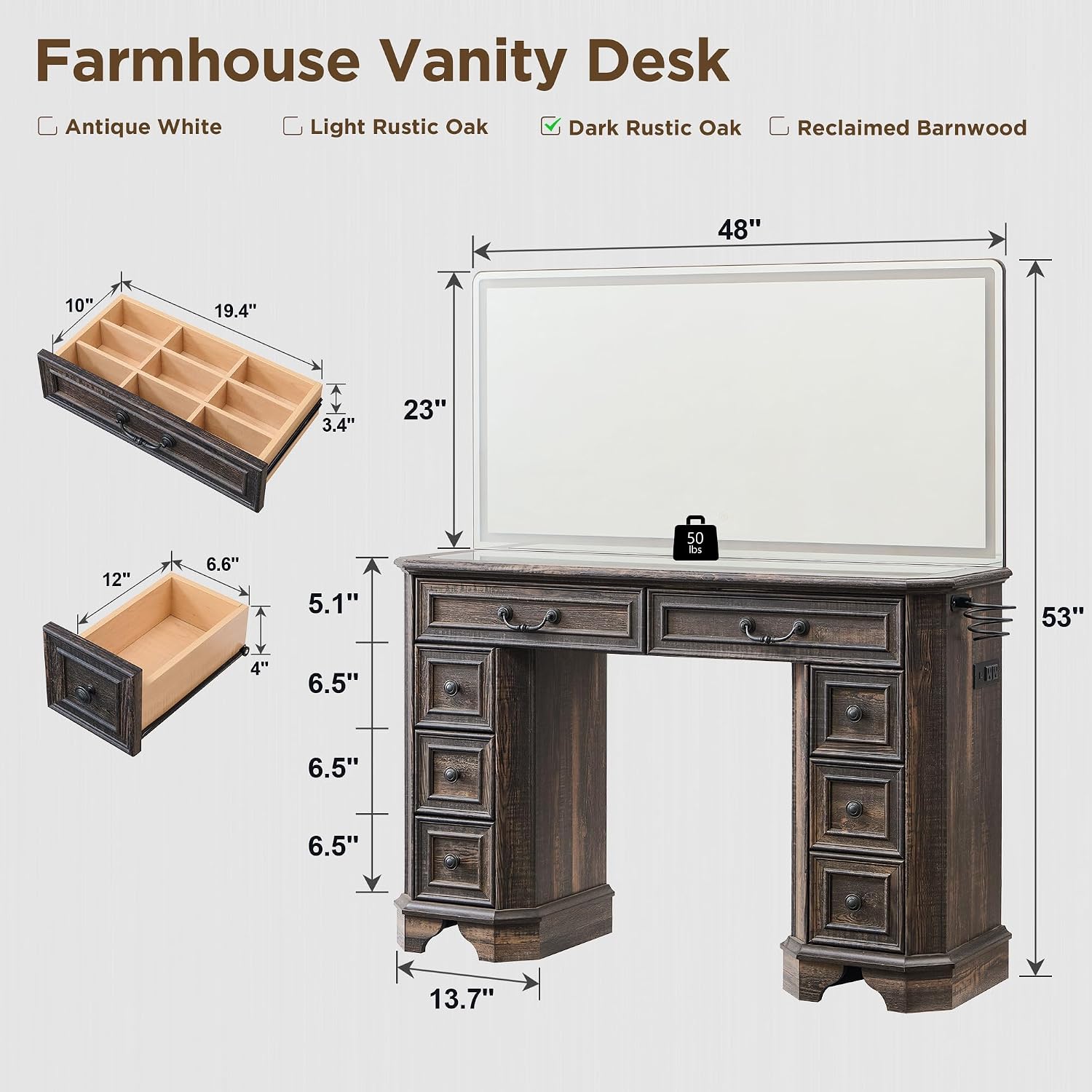 T4TREAM Makeup Vanity Desk with 48' HD Lighted Mirror, Farmhouse Vanity Table with 8 Drawers, Vanity Desk with 3 Color Modes, Dressing Table with Glass Top and Power for Bedroom(Dark Rustic Oak)