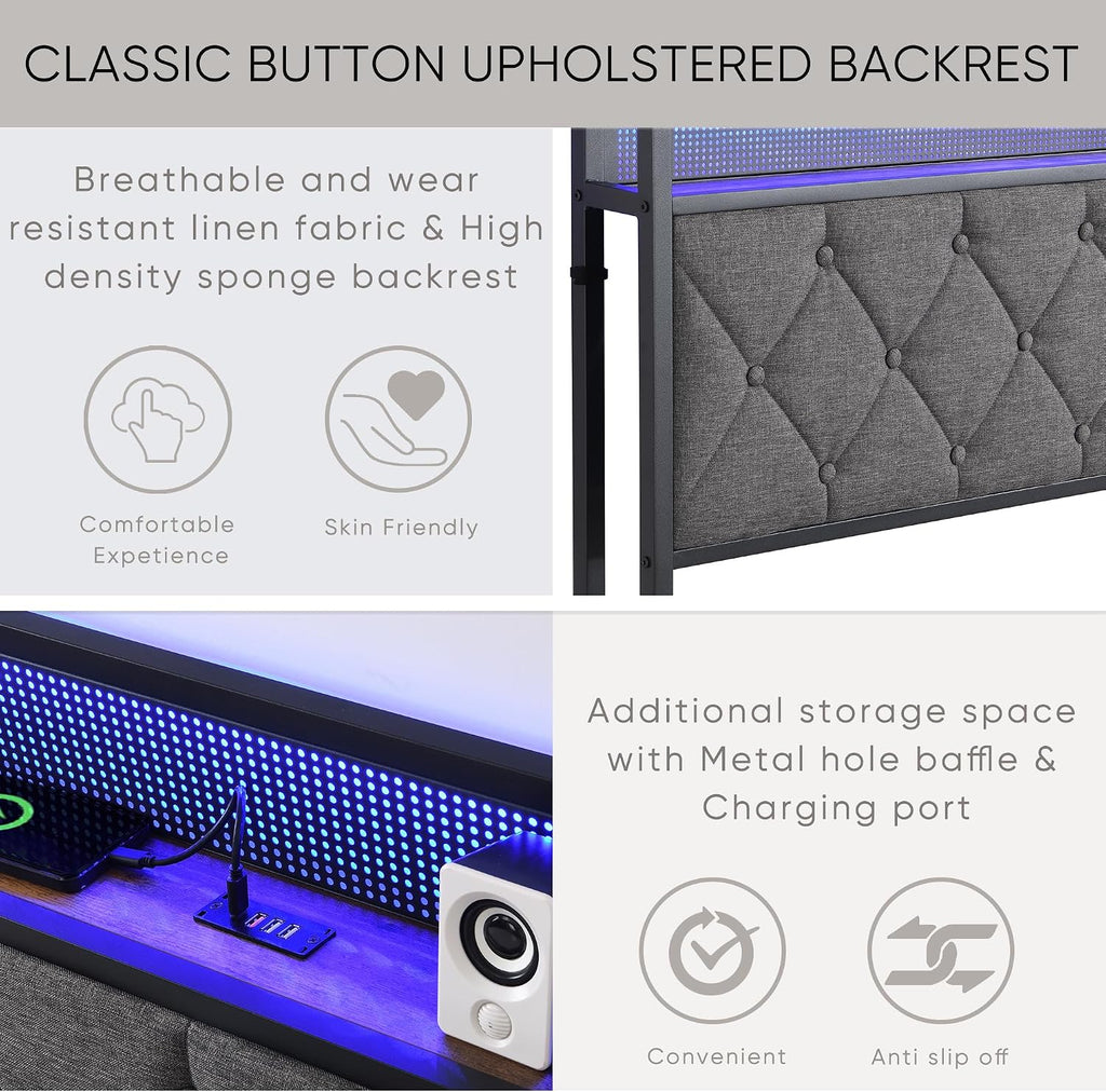 King Size Bed Frame with Storage Headboard, LED Lights and Charging Station, Upholstered Platform Bed with Heavy Metal Slats, Noise Free, No Box Spring Needed, Dark Gray