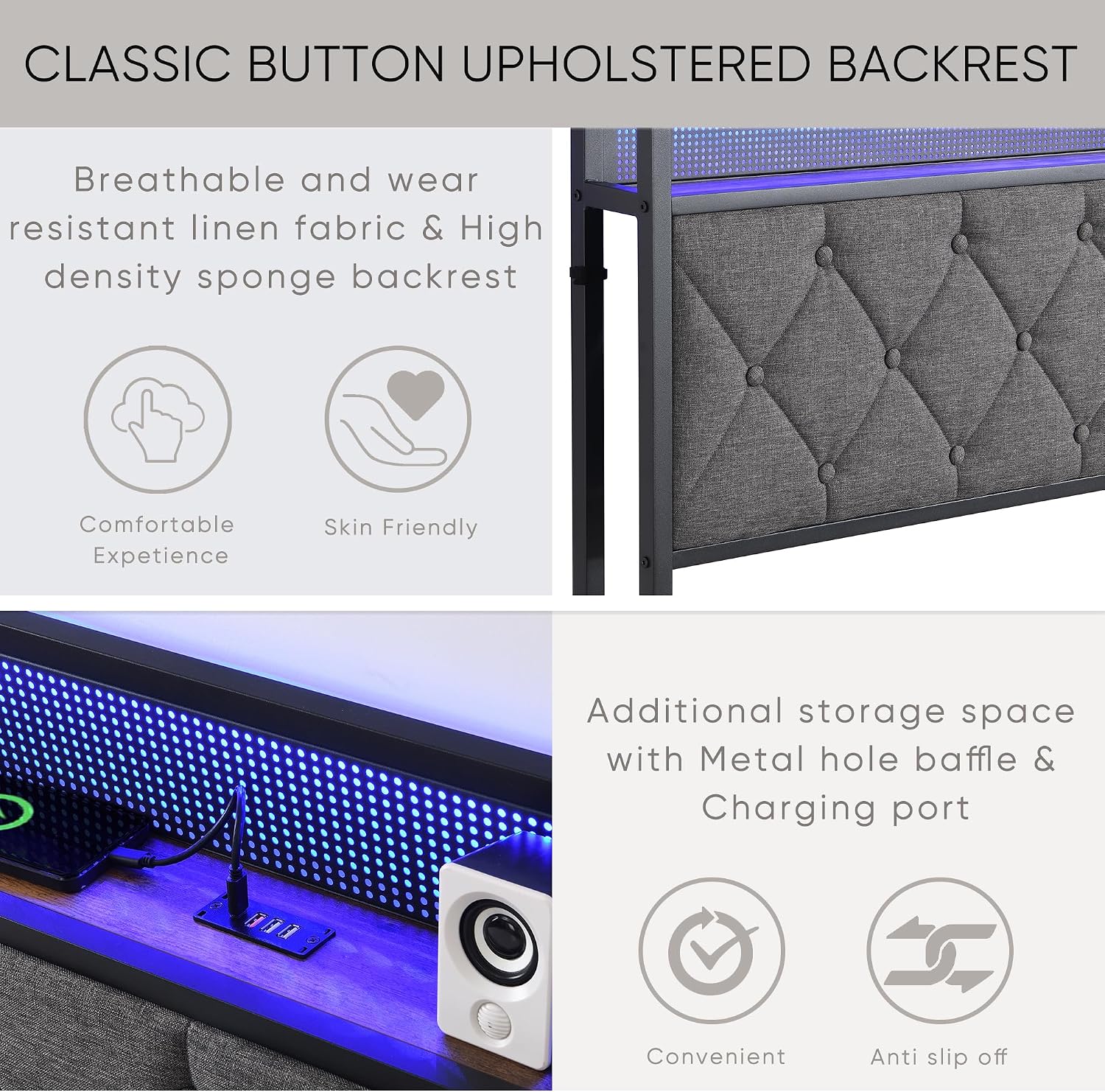 King Size Bed Frame with Storage Headboard, LED Lights and Charging Station, Upholstered Platform Bed with Heavy Metal Slats, Noise Free, No Box Spring Needed, Dark Gray
