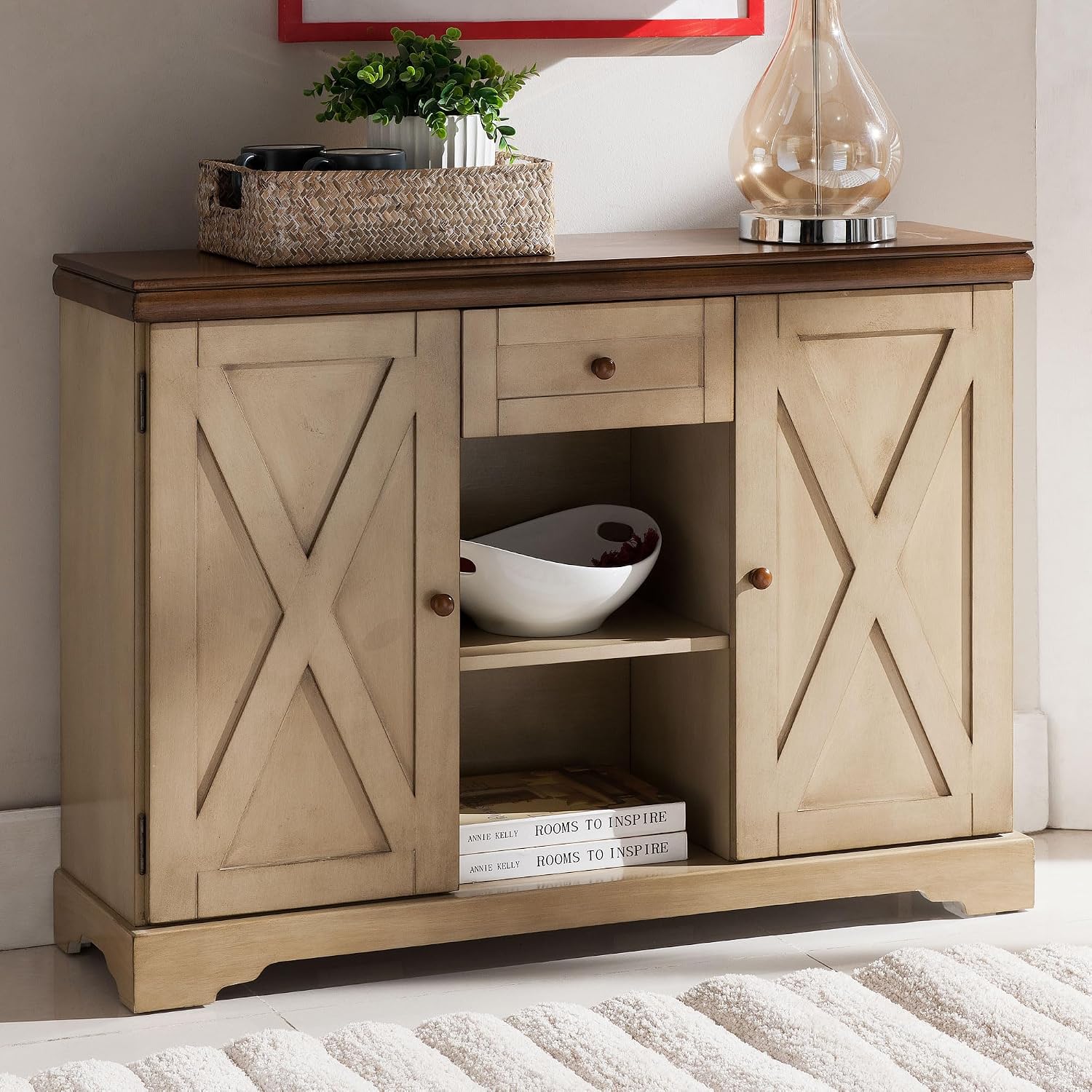 Kings Brand Furniture Console Table, Antique White/Walnut