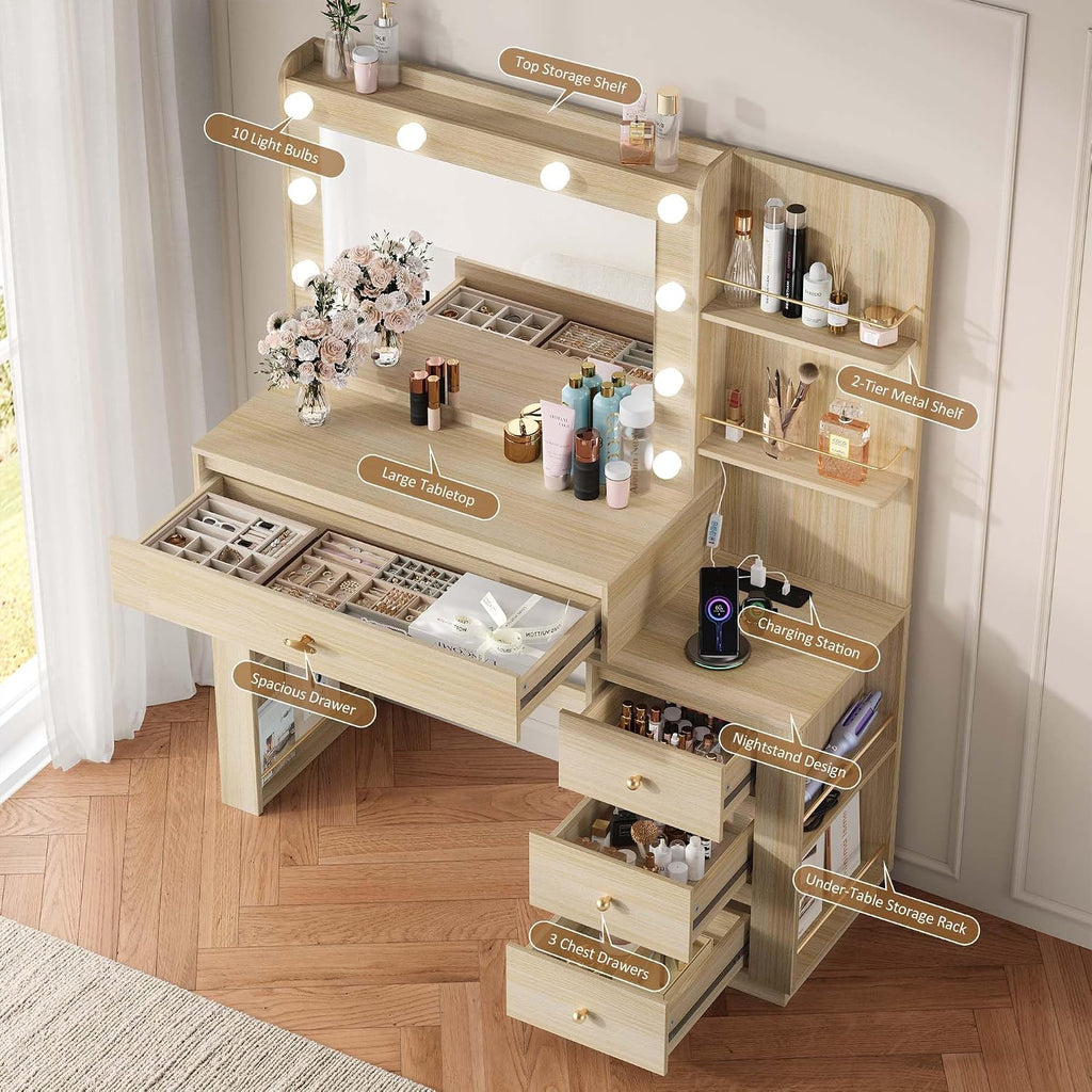 Makeup Vanity Desk with 3 Colors Lights and Mirror, Vanity Table with 10 LED Bulbs & Power Outlet, Large Dressing Table with 6 Storage Shelvess, 4 Drawer for Bedroom, Women and Girls, Oak