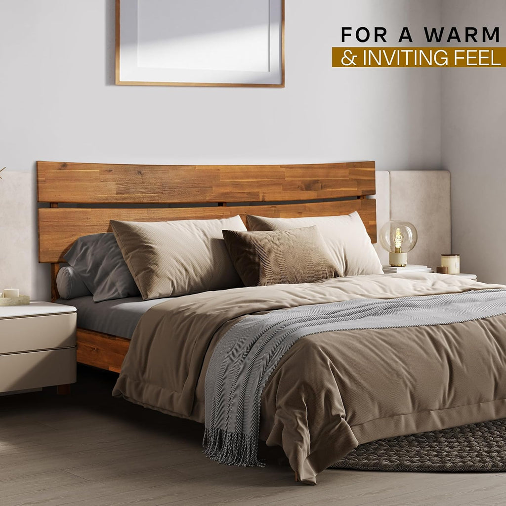 Acacia Aurora Bed Frame with Headboard 100% Solid Wood Platform Bed, Scandinavian Bed Style with All Mattresses, Non-Slip and Noise-Free, 30 Mins Assembly, Queen Size Bed Frame Caramel