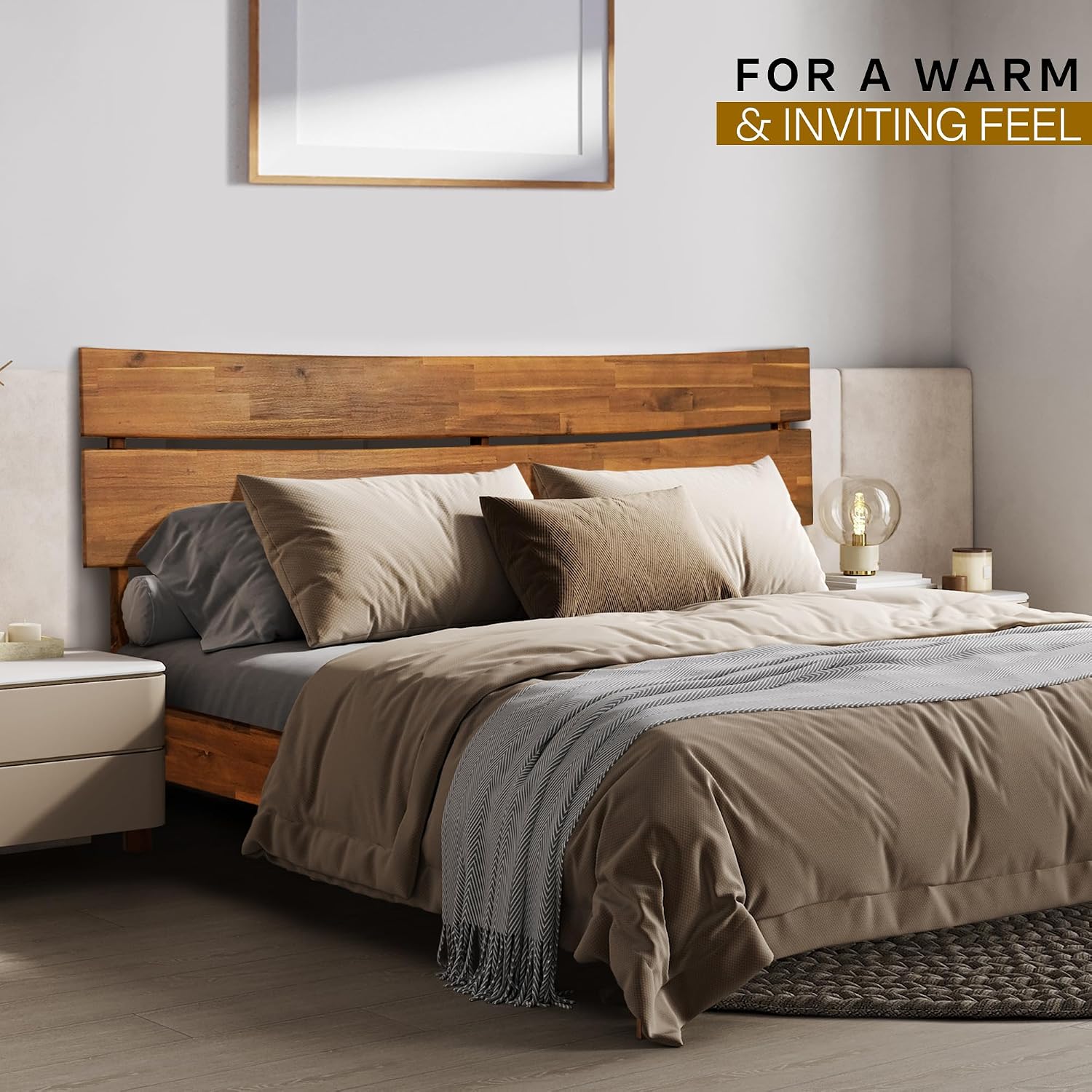 Acacia Aurora Bed Frame with Headboard 100% Solid Wood Platform Bed, Scandinavian Bed Style with All Mattresses, Non-Slip and Noise-Free, 30 Mins Assembly, Queen Size Bed Frame Caramel