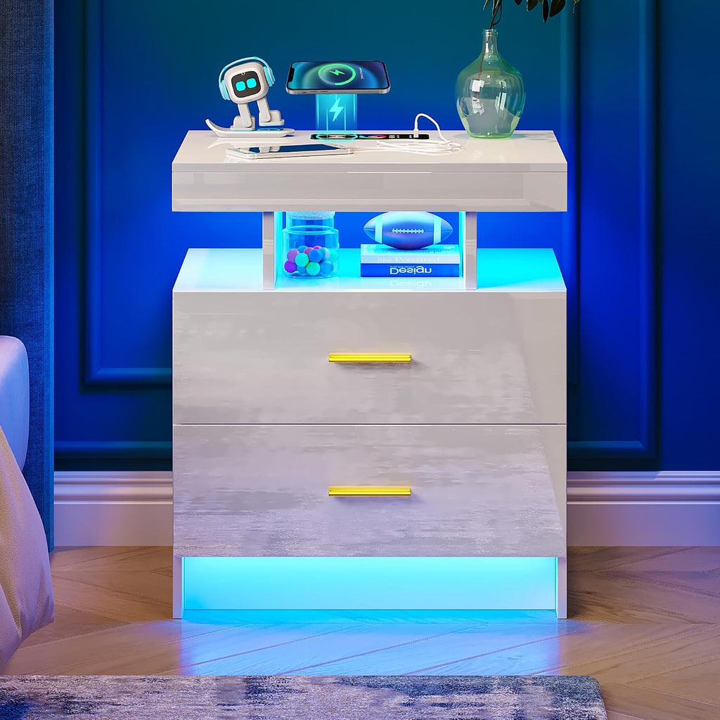 WOOVIVS Night Stand Set 2 with USB/Type-C/Wireless Charging Station, White Nightstands with RGB Auto LED Lights, Modern Bedside Table Set of 2 with 2 Drawers for Bedroom Furniture