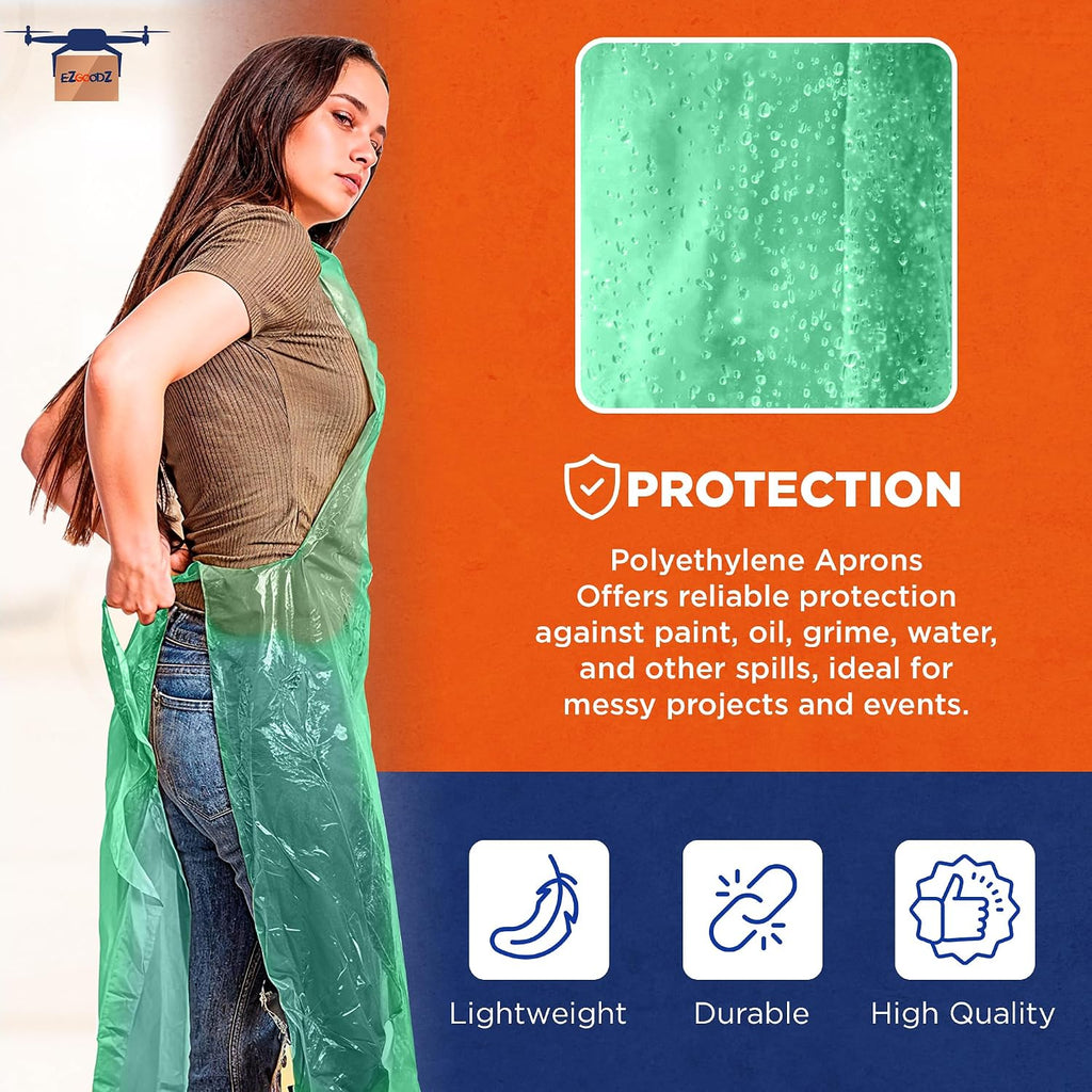 EZGOODZ Disposable Aprons, Green 28 x 46 Inch Plastic Disposable Aprons, 1 Mil Polyethylene Apron with Extra Long Ties, Pack of 1 000 Pieces