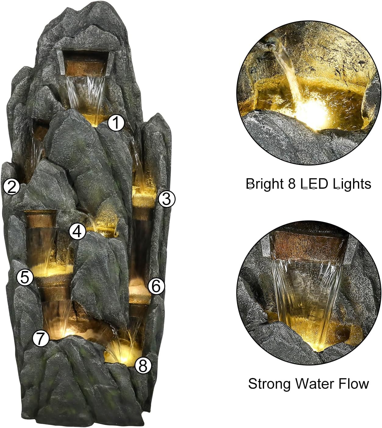 Naturefalls 51' High Outdoor Rock Water Fountain with LED Lights - Mutil-Tiers Poly-Resin Cascading Waterfall Fountain for Garden, Patio, Yard, Home Decor