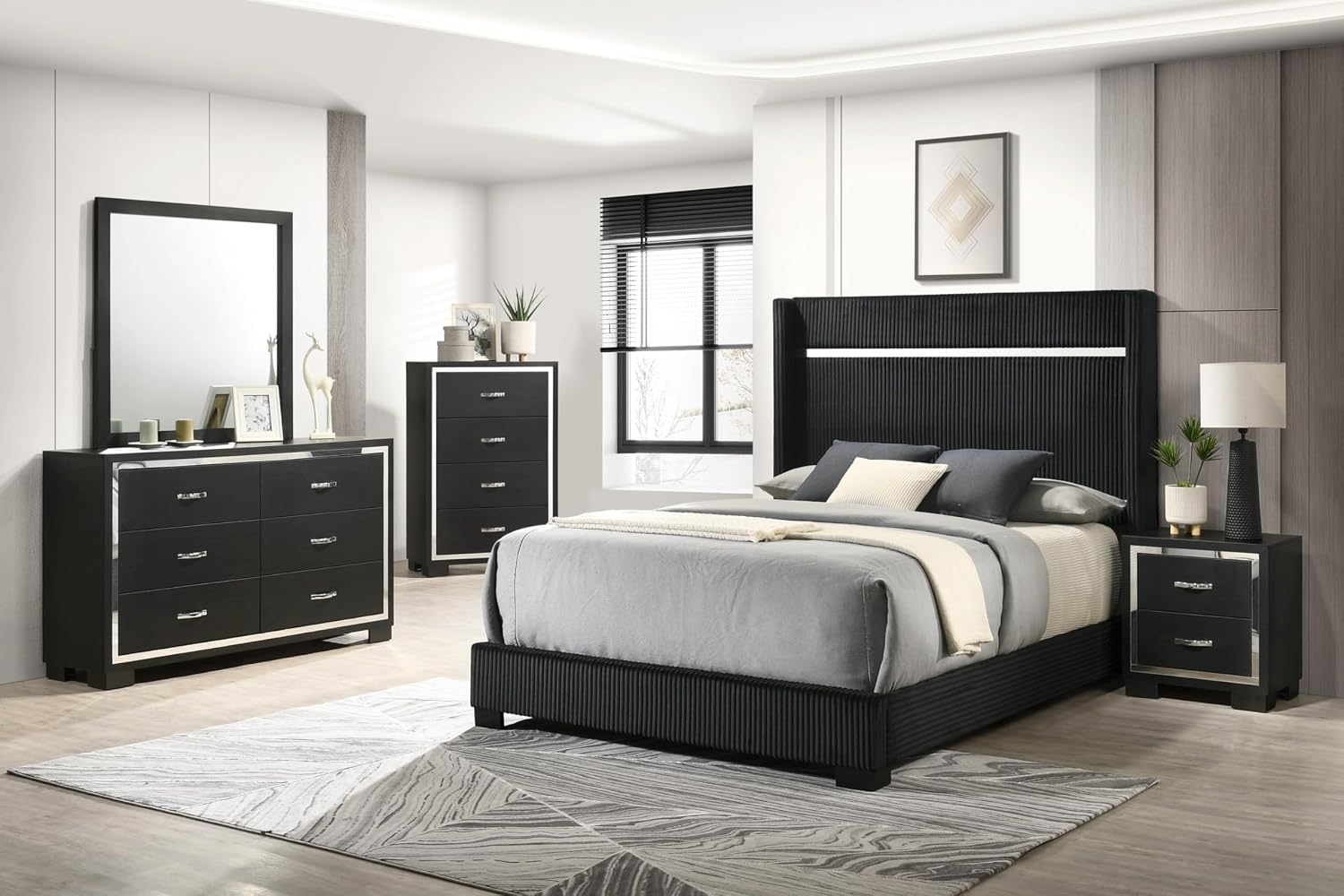 Generic Black Finish Upholstered King Size Channel Tufting Panel Bed 5pc Wooden Bedroom Set, HS00B9295K5pc