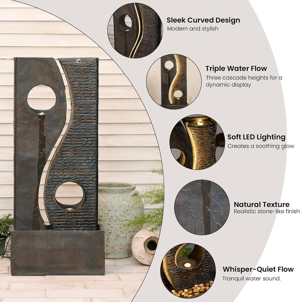 Tankana 47 inches Outdoor Water Fountain Garden Waterfall Indoor Large Water Feature Freestanding Fountains with LED Strips, Three spouts for Patio Backyard Deck Porch Home Decor, Dark Gray
