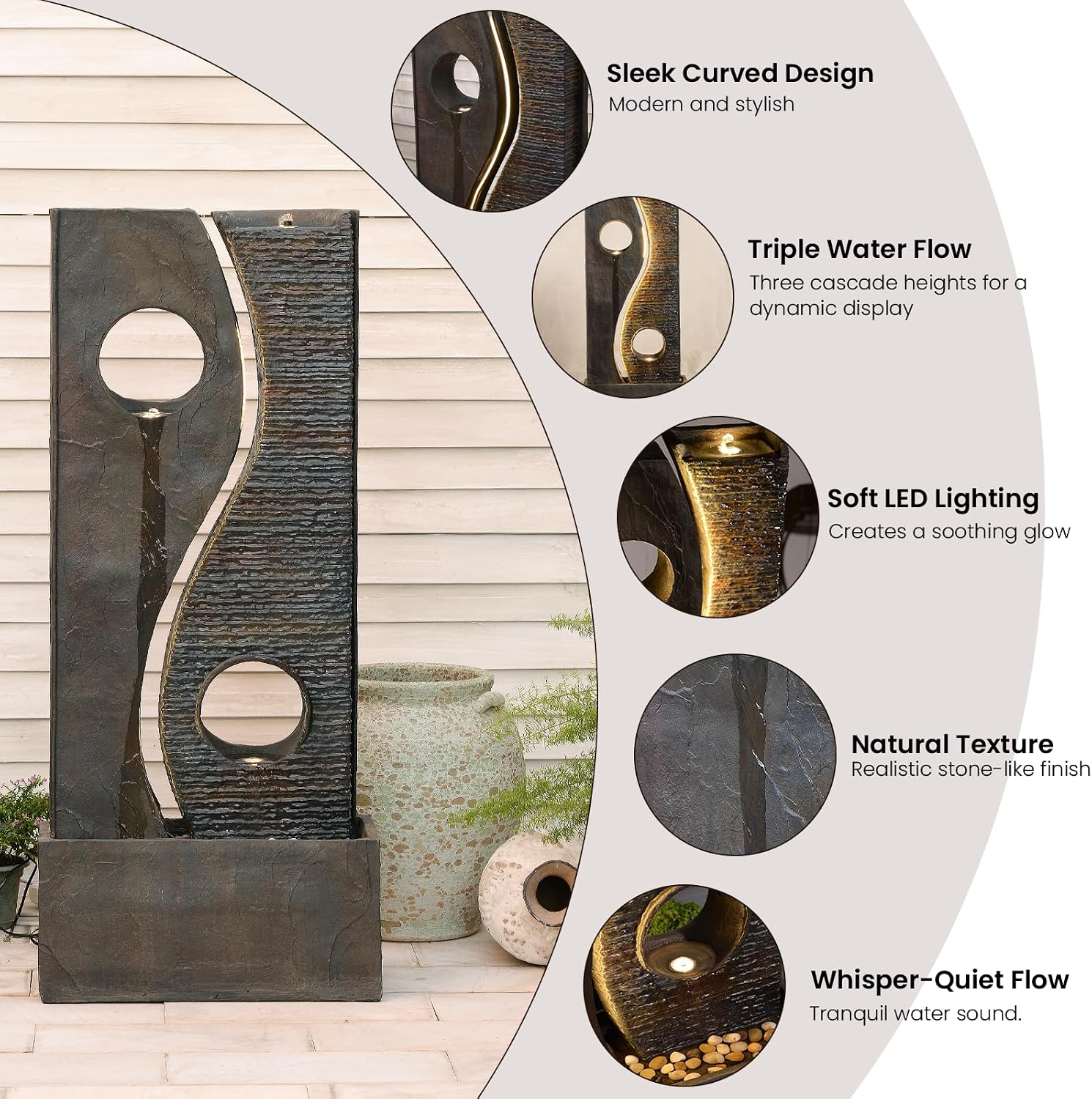 Tankana 47 inches Outdoor Water Fountain Garden Waterfall Indoor Large Water Feature Freestanding Fountains with LED Strips, Three spouts for Patio Backyard Deck Porch Home Decor, Dark Gray