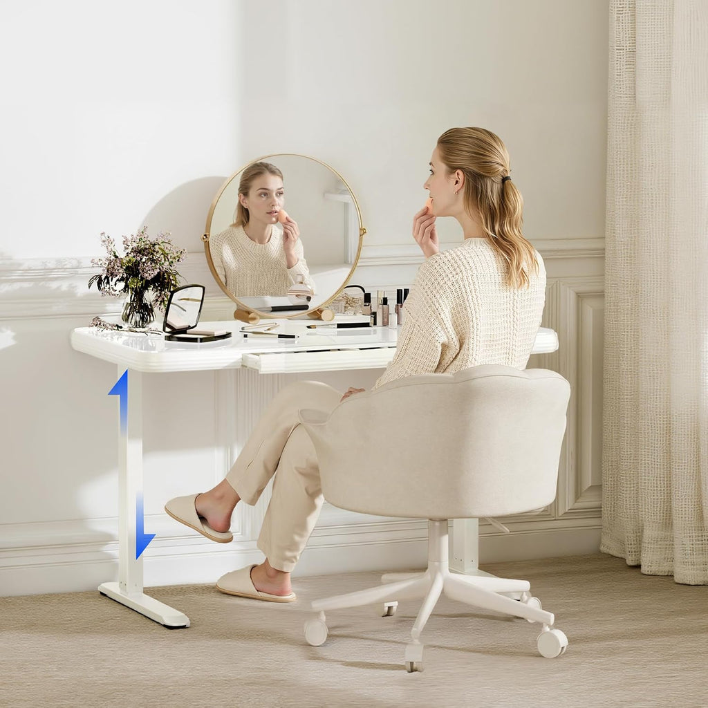 FLEXISPOT Glass Electric Standing Makeup Vanity Desk with Drawer and Type-C Charge Ports,48' Height Adjustable Whole-Piece Quick Install Vanity Table,Dressing Table for Women Girls Dressing Bedroom