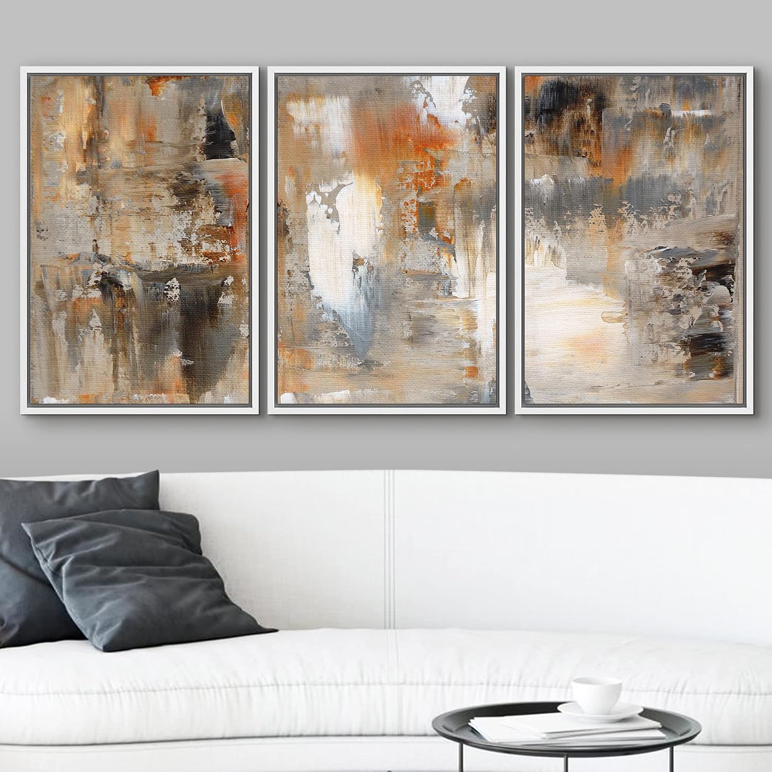 wall26 Framed Canvas Print Wall Art Set Black, White & Orange Brushstrokes Abstract Shapes Illustrations Modern Art Chic Colorful Multicolor Ultra for Living Room, Bedroom, Office - 24'x36'x3 White