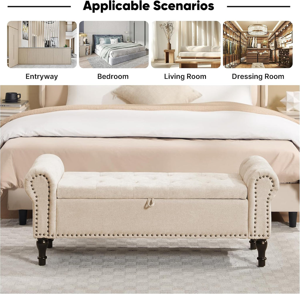 51' Storage Bench for Bedroom, Chenille End of Bed Bench, Queen Size Bench with Rolled Arms, Tufted Storage Ottoman Benches, Upholstered Bench for Bedroom, Living Room, Entryway, Camel